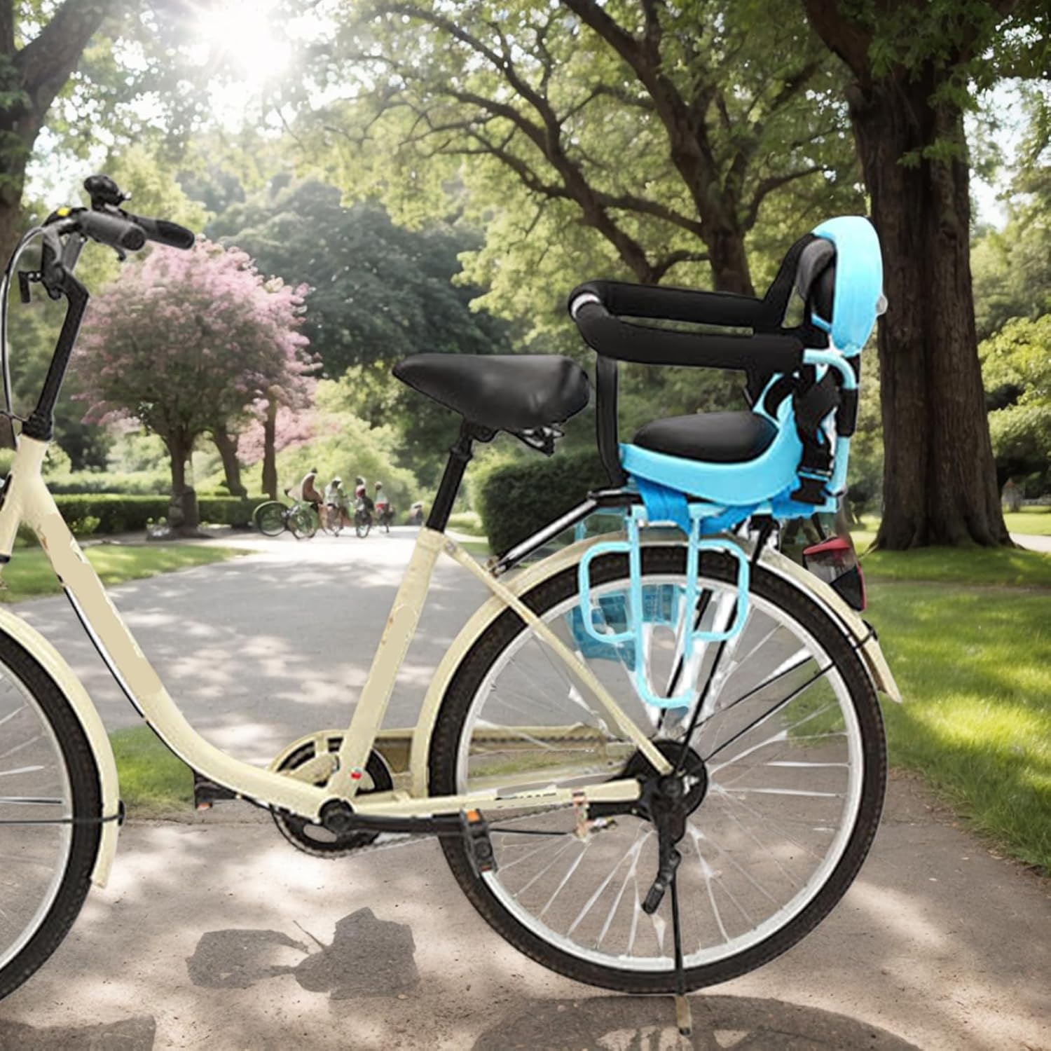 Baby Bike Seat, Comfort Child Bike Seat with Safety Belt & Footrest Brackets & U-Shaped Guardrails, Safe for Kids 6 Months Up, Wathet-.