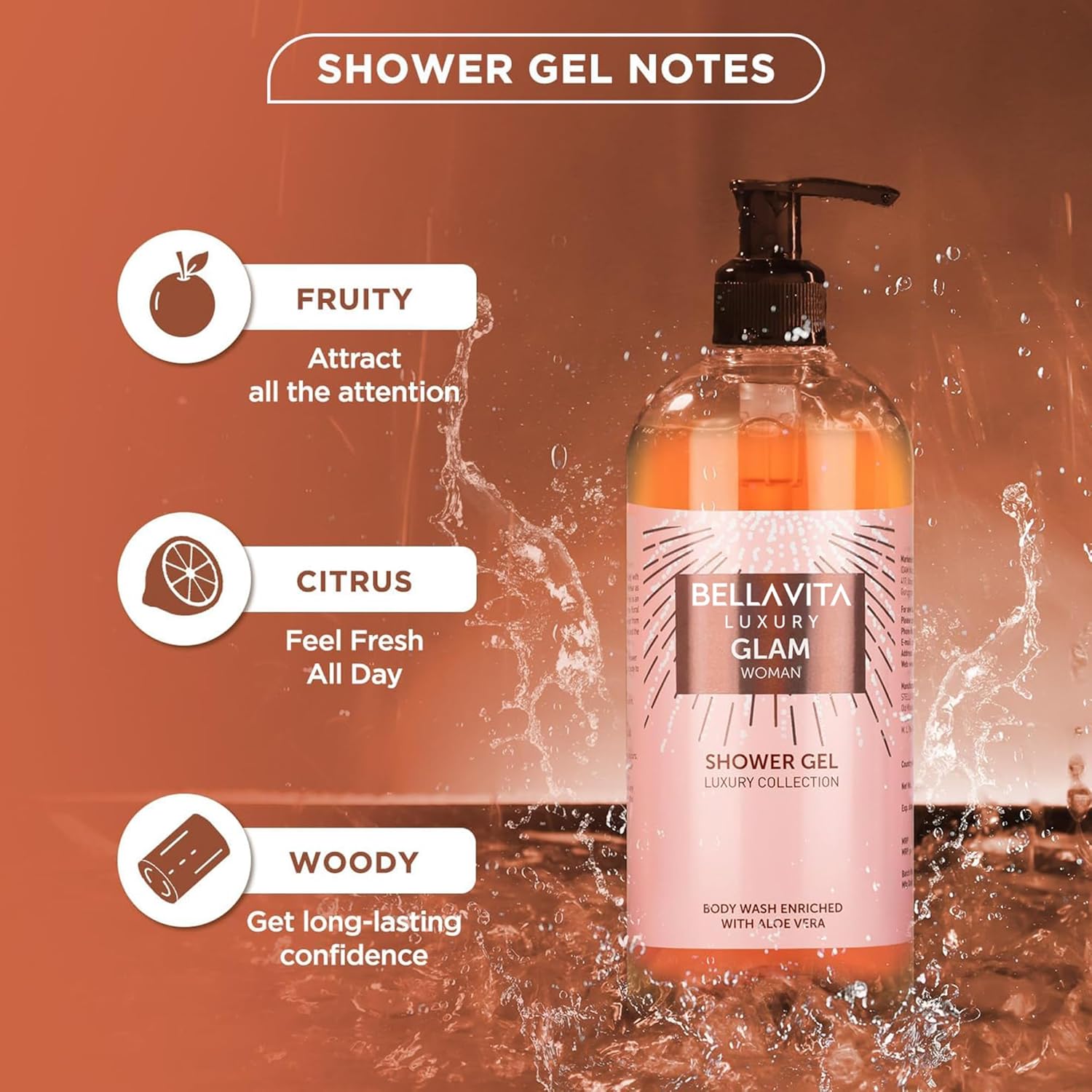 BellaVita Luxury Glam Perfume & Body Wash Combo for Women | Eau De Parfum with Jasmine, White Honey, Rose & Cedar (100ml) + Fruity Floral Shower Gel with Aloe Vera (500ml) | Gentle & Refreshing