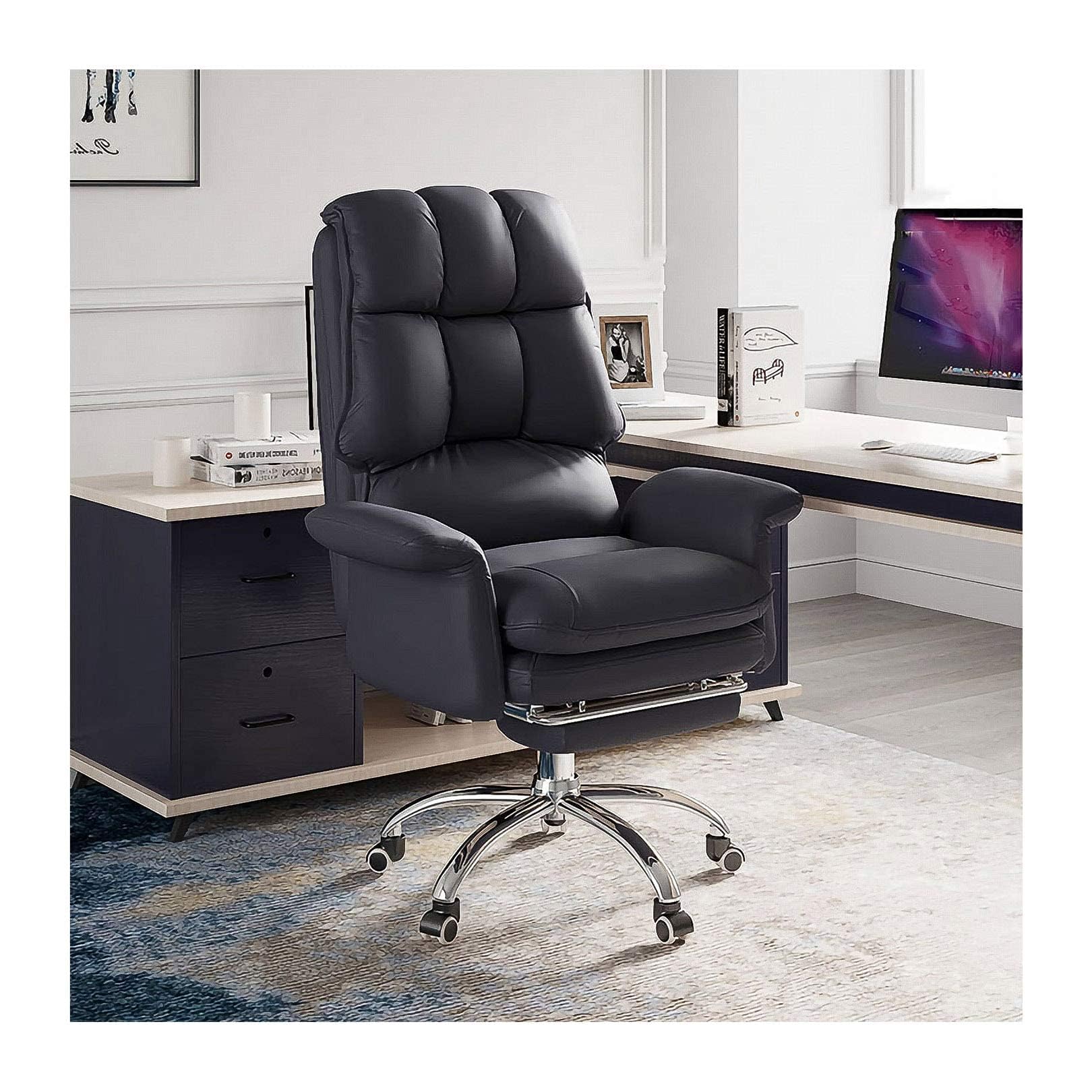 HTTGDGDH Modern Pink Ergonomic Office Chair, High Back Swivel Reclining Desk Chair With Footrest, Pu Leather Executive Home Office Chair For Comfort & Style,Black