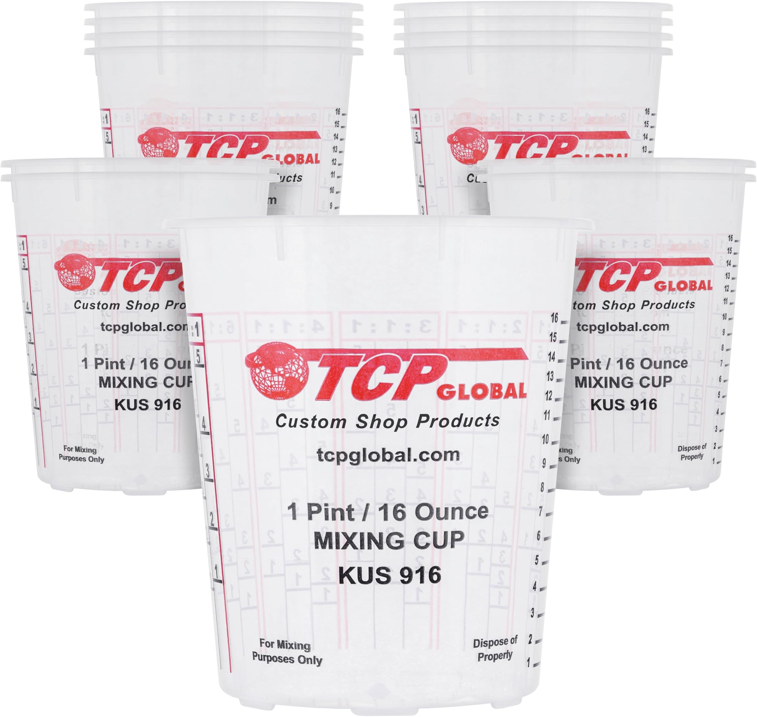 Custom Shop Paint Mixing Cups, 16-Ounce (12 Pack) - Plastic Measuring Cups for Liquids, Automotive Painting, Epoxy Resin, Acrylic Arts, Crafts, Disposable or Reusable, Graduated, Mixing Ratios