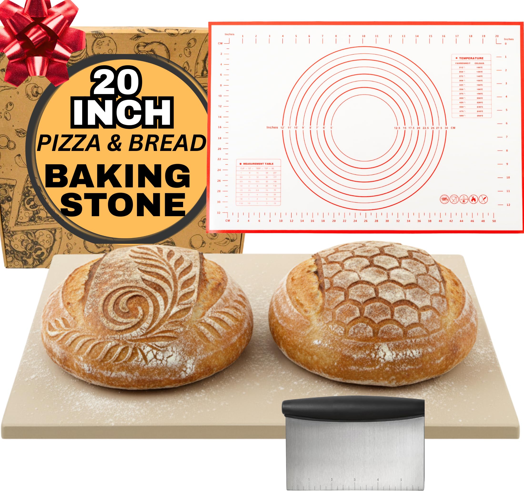 Großer 50,8 cm Backstein für Ofen, mit Silikonmatte und Teigwerkzeug – Pizzastein für Grill – rechteckiger Pizzaofenstein – Brotbackstein – dicker robuster Stein 50,8 x 34,3 x 1,5 cm