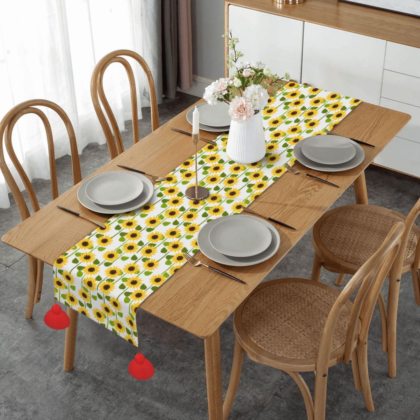 Chemin de table de Noël 152 cm blanc à pompons motif tournesols