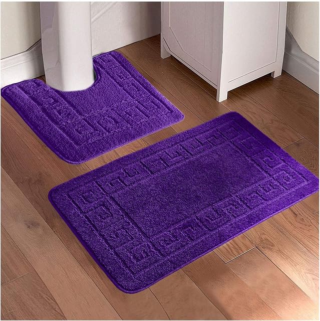 FAIRWAYUK Bathroom Mats Sets 2 Pieces, Ultra Plush Greek Pattern Bath Toilet Mat Anti Slip Pedestal Set, Extra Absorbent 100% Polypropylene Rug, Bathroom Accessory (Purple)