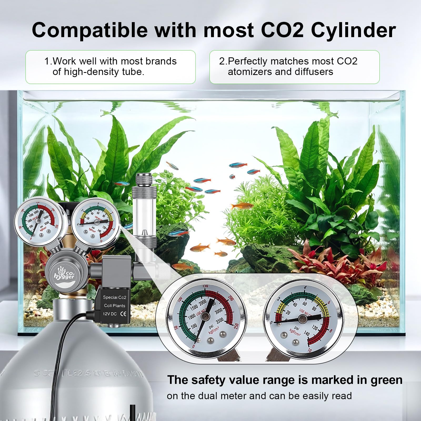 Regulador co2 Acuario DC Solenoide,co2 Regulator para Acuario Calibre Doble | Display preciso doble calibre, contador burbujas con válvula retención, Válvula aguja giratoria control preciso la salida gas