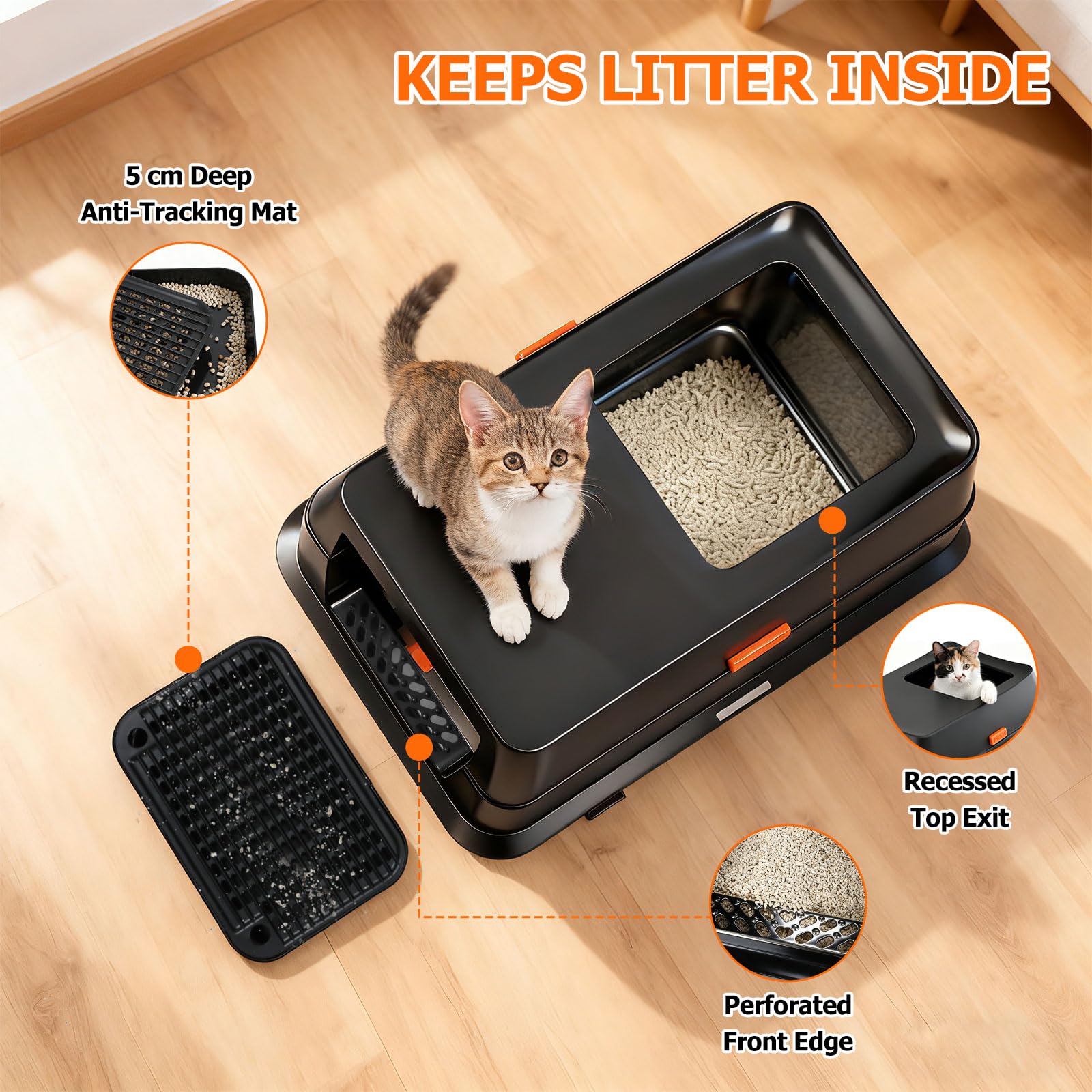 Arenero para Gatos de Acero Inoxidable, XL Caja de Arena Gato Cerrada con Tapa, Doble Entrada y Alfombrilla Antiderrames, Bandeja Antifugas para Gato Grande y Multiuso Cat Litter Box