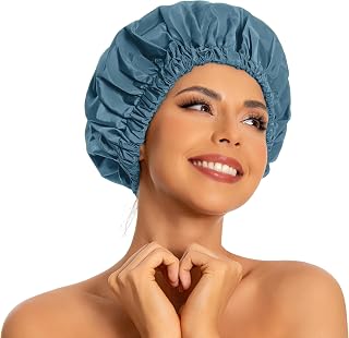Reusable Shower Cap for Women, Large Waterproof Shower Bonnet with Elastic Band, Washable Bath Hair Cap for Long, Curly Hair, Braids, Daily Shower, Home Spa, Travel(Haze Blue)