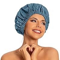 Vista 12 de Gorro de ducha reutilizable para mujer, grande, impermeable, lavable, banda elástica, sombrero de baño para cabello largo, trenzas (verde)
