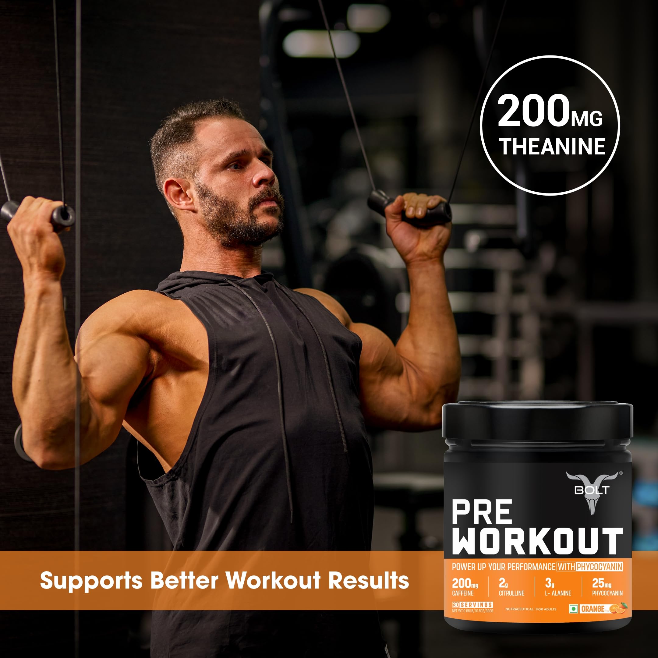 Bolt Pre Workout Supplement | 300 grams,30 Servings |With Caffeine Powder, Citrulline Malate, B-Alanine, Taurine For Explosive Energy, Pump & Focus | Orange Tangy 2