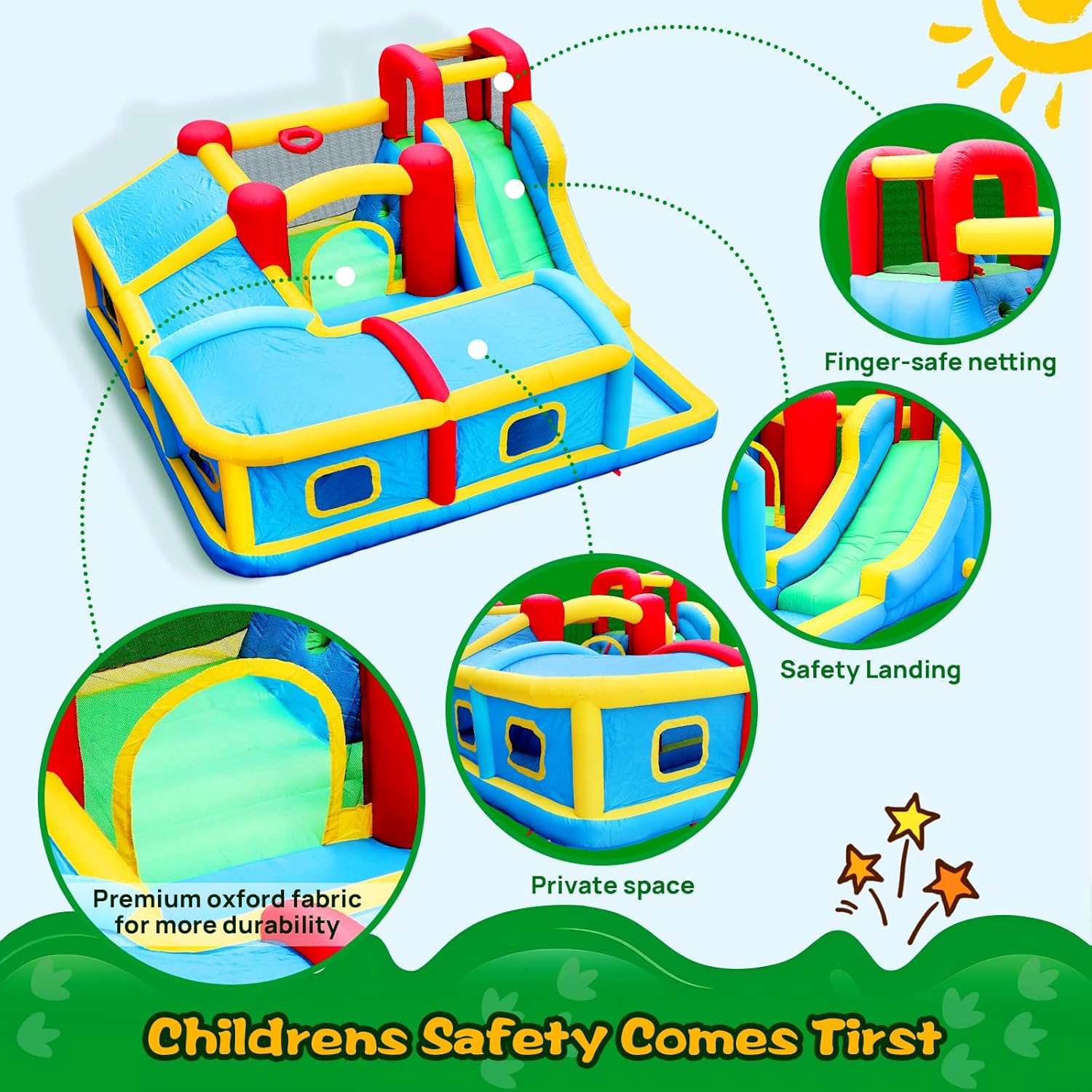 WELLFUNTIME Inflatable Bounce House with Slide, Bouncy Castle & Jumping Castle with Blower and Wave Pool, Basketball Rim, Long Tunnel