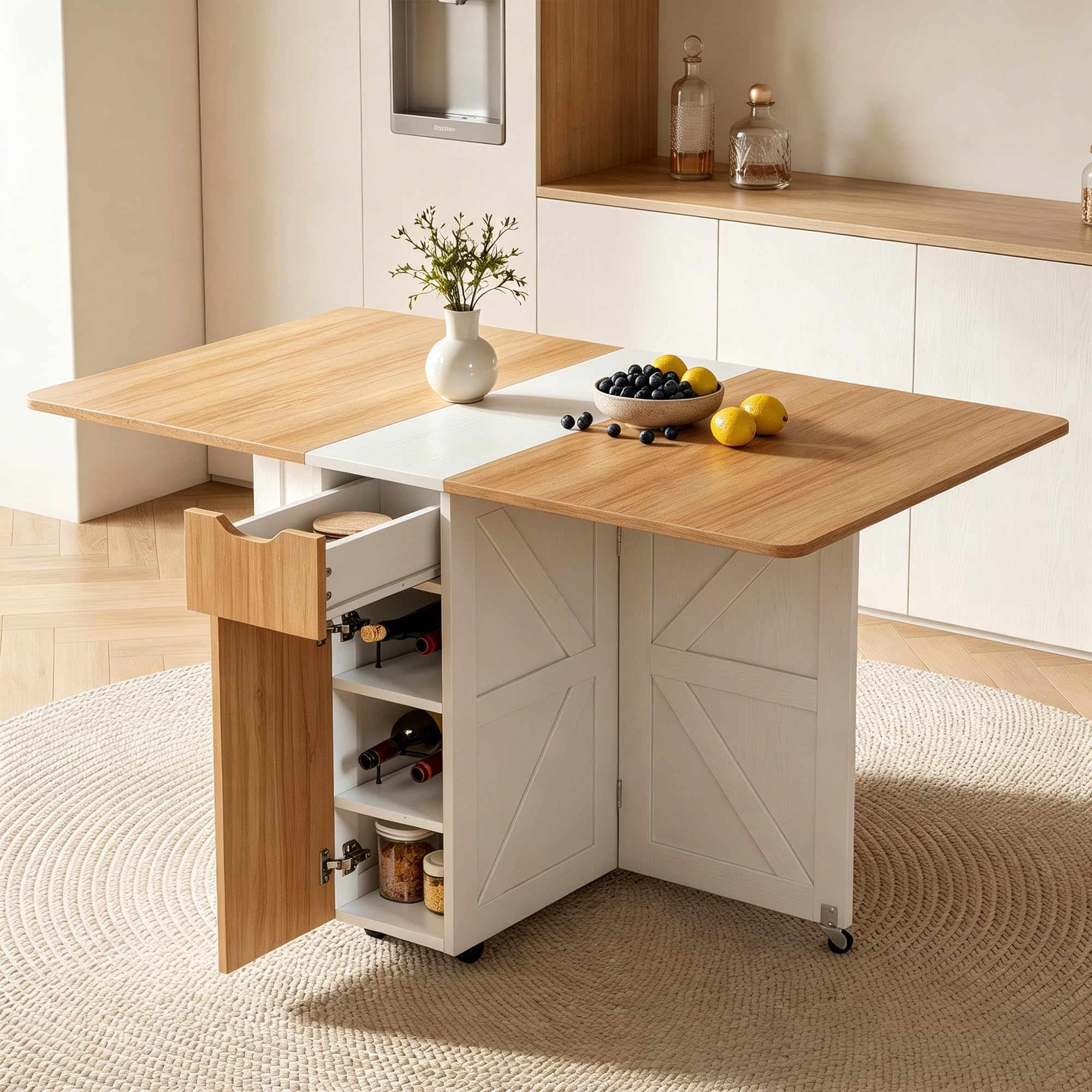 53'' folding dining table space saving foldable dining table with drawer, shelves and wine racks, drop leaf table for small spaces, extendable folding kitchen table with lockable wheels