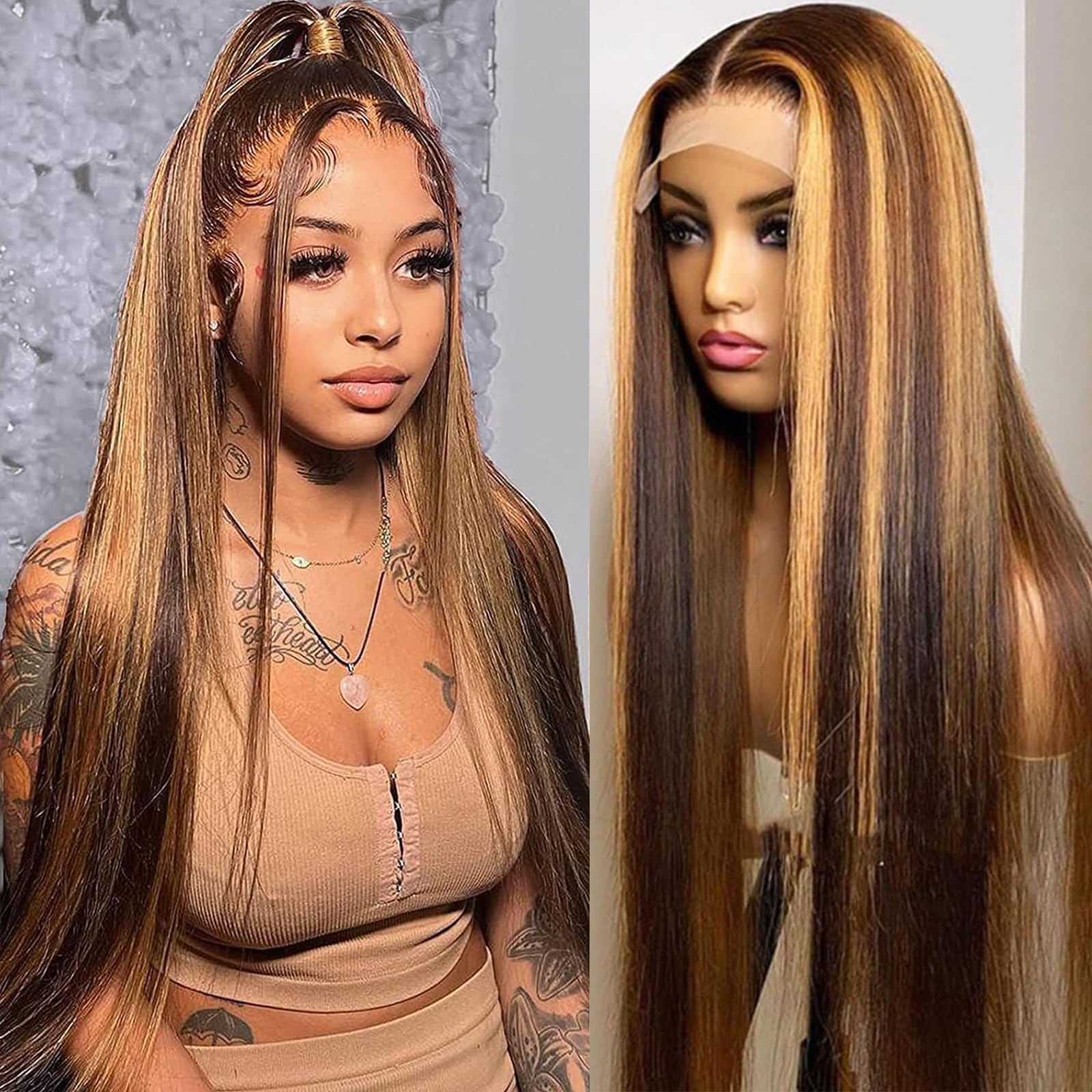 Lemoda Highlight Ombre Lace Front Wig Human Hair Full 13x4 Straight 4/27 Honey Blonde Wig Human Hair HD Transparent Lace Frontal Wigs for Women Pre Plucked with