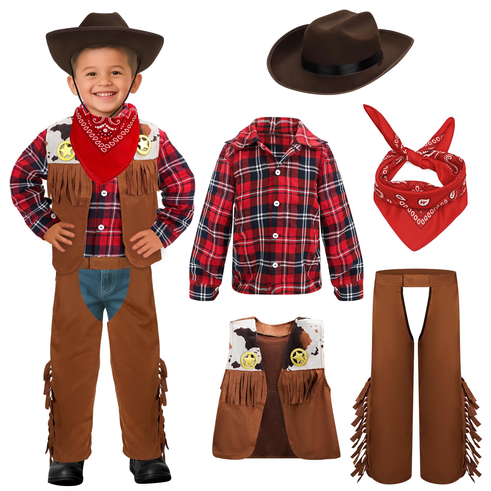 deAO Cowboy Costume Set for Kids Children's Western Cowboy Accessories with Hat Vest Fancy Dress Costumes