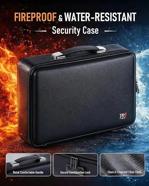 Fireproof Document Box - Hard-Shell Design Waterproof & Fireproof Document Safe with Lock, Fire Box Safe for Documents, Laptops, Passports Ex.16.5 x 12 x 5 inches, Black