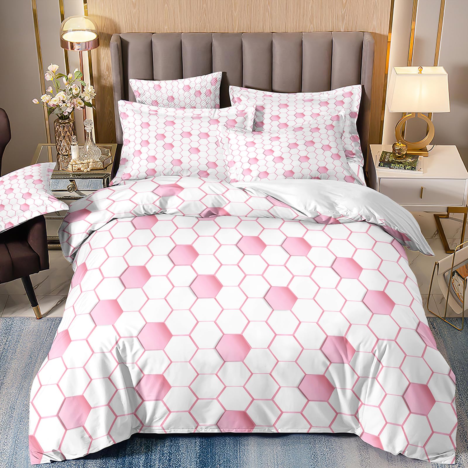 Dwetcxo Double Duvet Set White Pink Geometry Duvet Sets Double Bed Soft Microfiber Washable Duvet Cover Sets Easy Care Bedding with Zipper Closure+2 Pillowcases 50x75cm 200x200cm