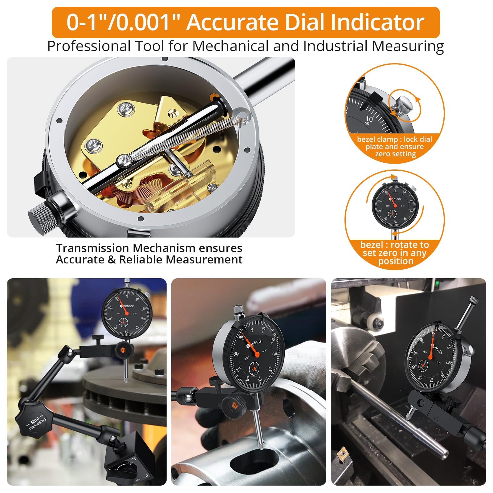Comparatore a quadrante 0-1in/0.001in con base IC da 132lbs/60kg, set di comparatori a quadrante imperiali con custodia per tornio, stampante 3D, CNC, settore automobilistico, laboratorio - Nero