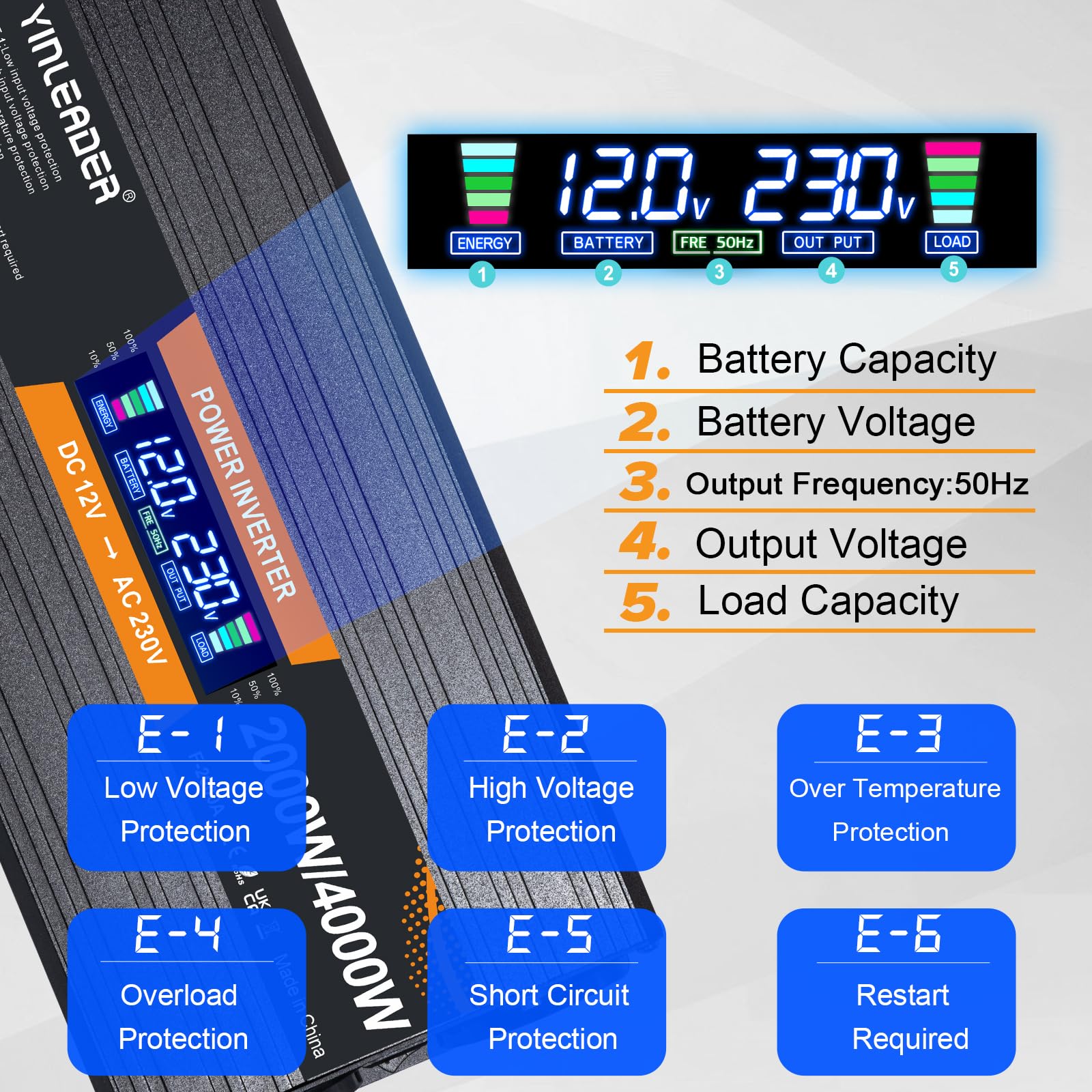 Yinleader - Convertidor de potencia (12 V, 220 V, 2000 W, 2000 W, convertidor de potencia, pantalla LCD, 2 tomas de CA para panel solar, coche VR