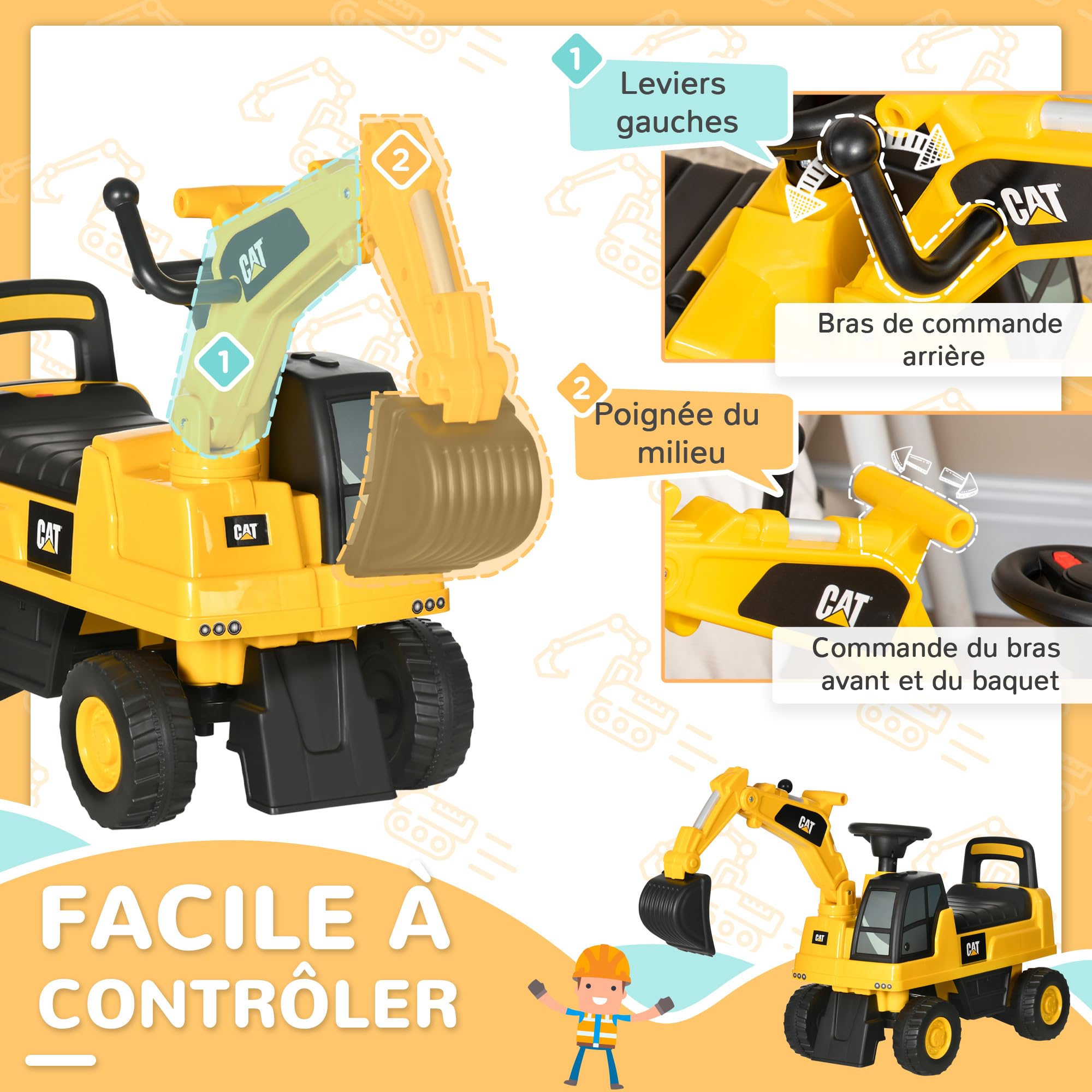 HOMCOM Tractopelle Enfant sous Licence Cat, Porteur Pelleteuse Enfant avec Pelle Manuelle, klaxon et Rangement caché, pour garçons et Filles de 12 à 36 Mois, Jaune