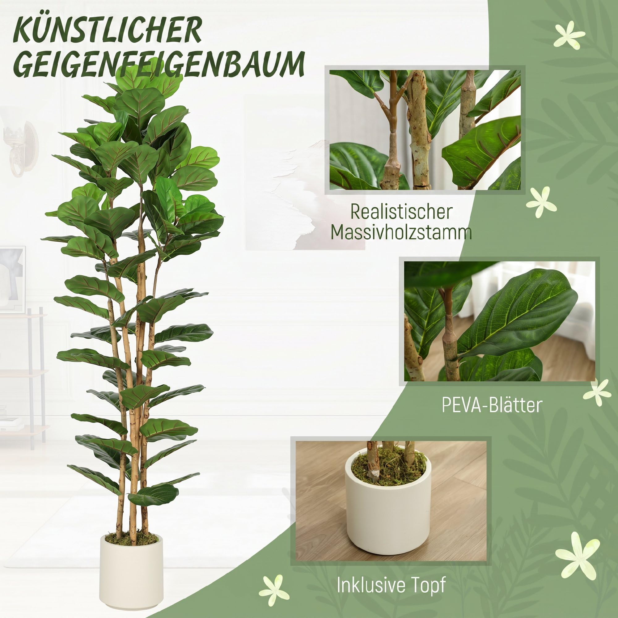 HOMCOM Künstlicher Geigenfeigenbaum 180 cm Kunstpflanze mit 91 Blättern | Massivholzstamm, Topf, Künstliche Pflanze Plastik Wie Echt, Deko Wohnzimmer Schlafzimmer Büro Garten