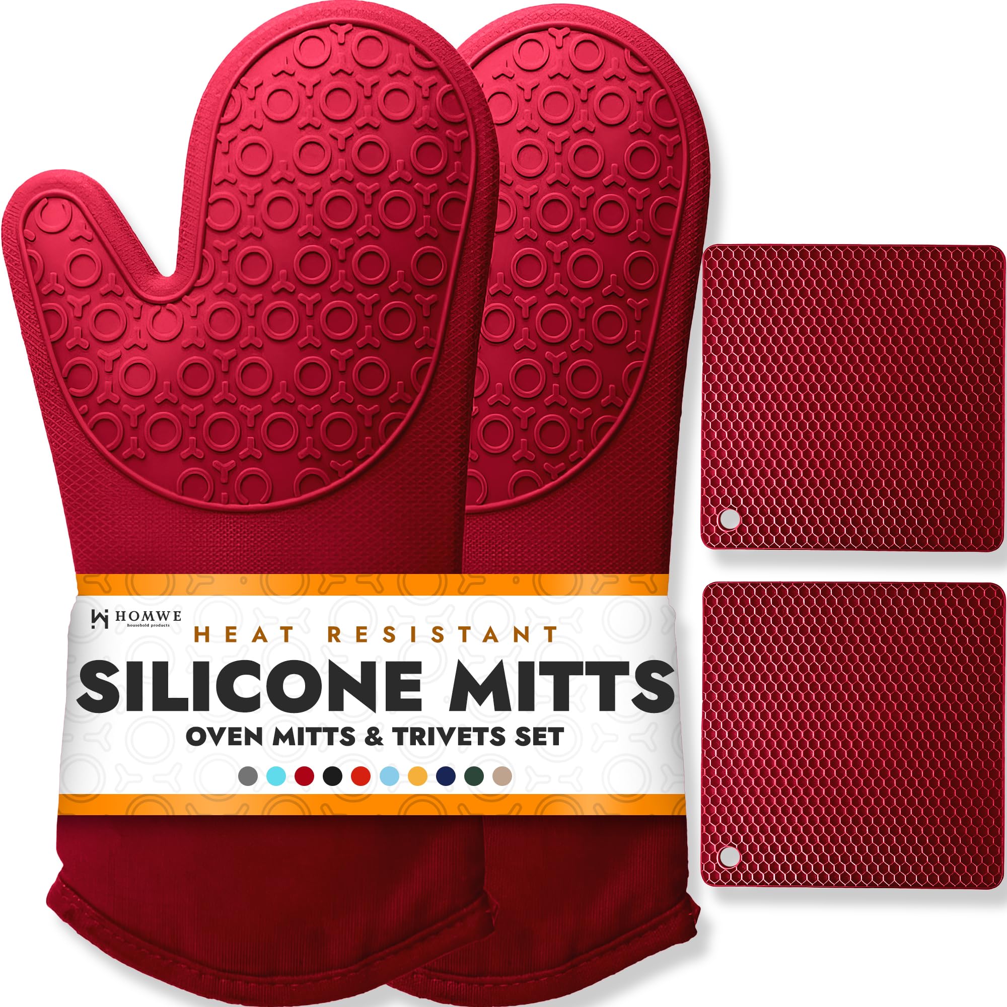 BPA-Free Soft Silicone 4 Piece Oven Mitts & Trivets Set - Ultra Heat Resistant Oven Mitts with Thick Cotton Liner - Long Slip Resistant Pot Holders, Flexible Oven Gloves - Empire Red