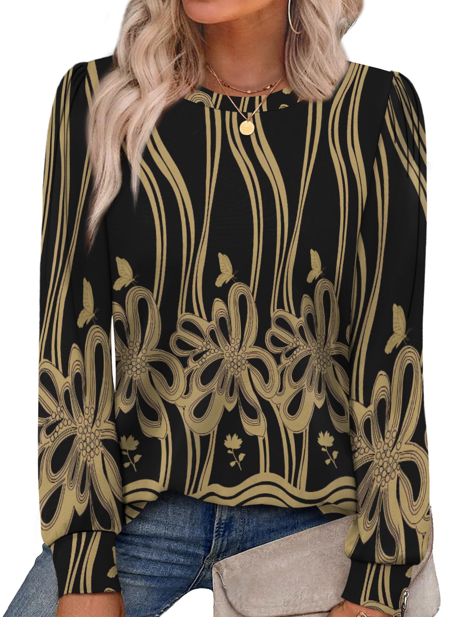 Printed Crewneck Tunic Tops: Women's Long Sleeve Fall Blouses 2025
