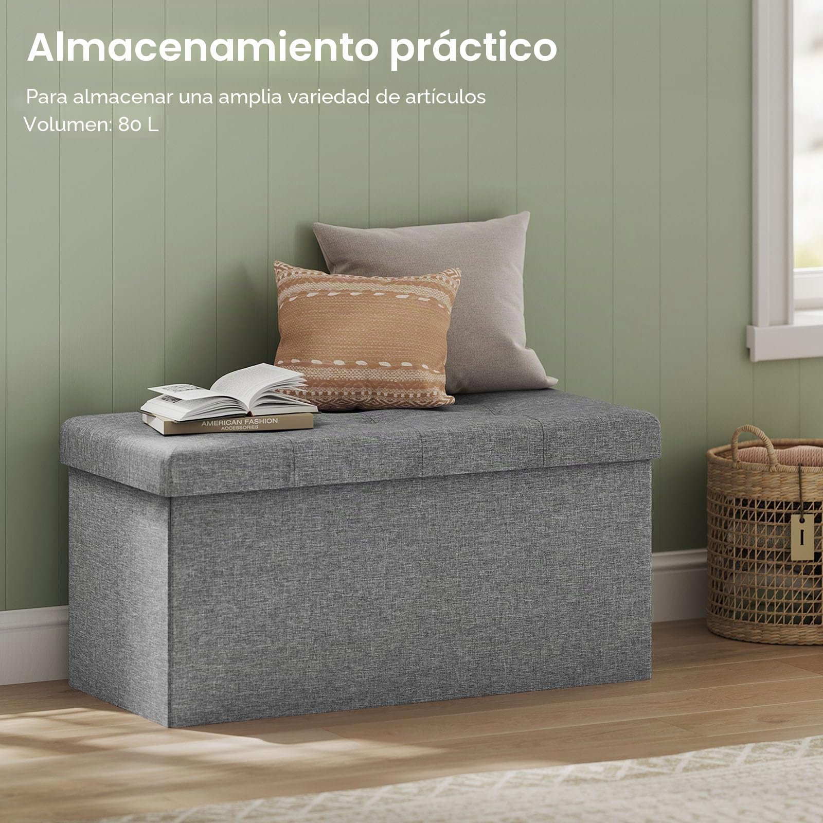 WOLTU Puff Baúl Plegable Rectángulo Taburete para Almacenamiento Otomanos de Lino Caja de Almacenaje con Tapa Reposapiés Sofá 76x37,5x38 cm Gris Claro
