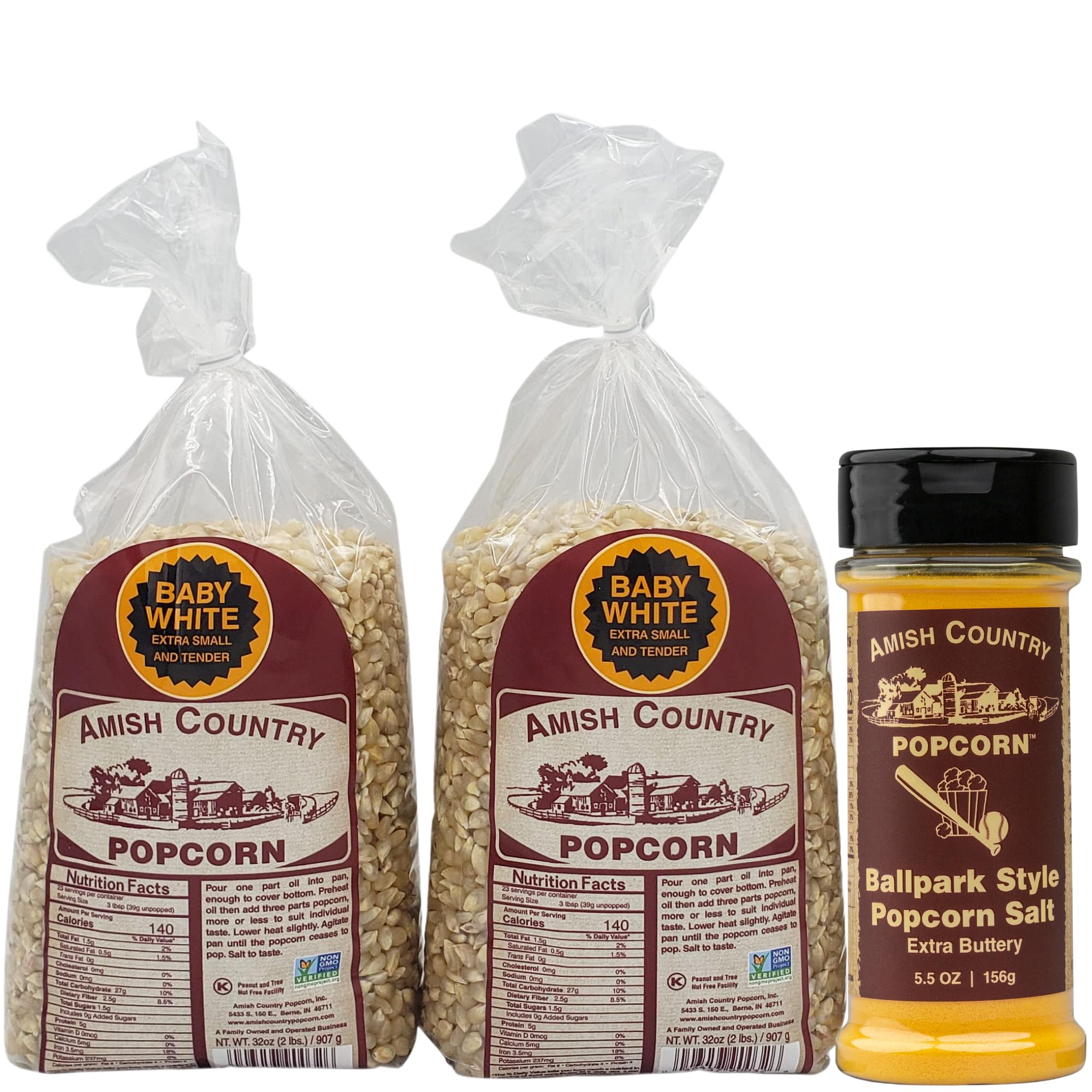 Amish Country Popcorn | Variety Bundles | 4 lb Baby White Popcorn Kernels and 5.5 oz BallPark Style ButterSalt Set | Old Fashioned, Non-GMO and Gluten