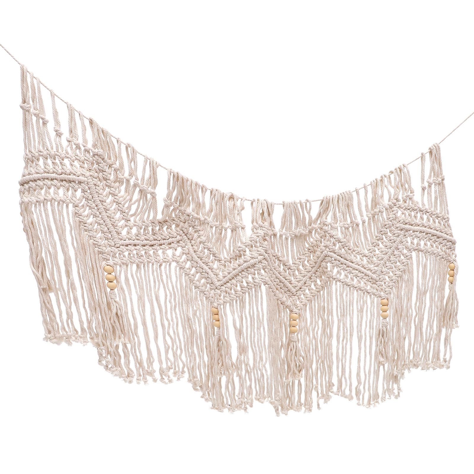ibasenice Cantonnière Rideau Macramé en Coton Beige Tissée la Main Décorations à Pompons, Style Bohème Naturel pour Fenêtre, Effet Décoratif Élégant et Rustique