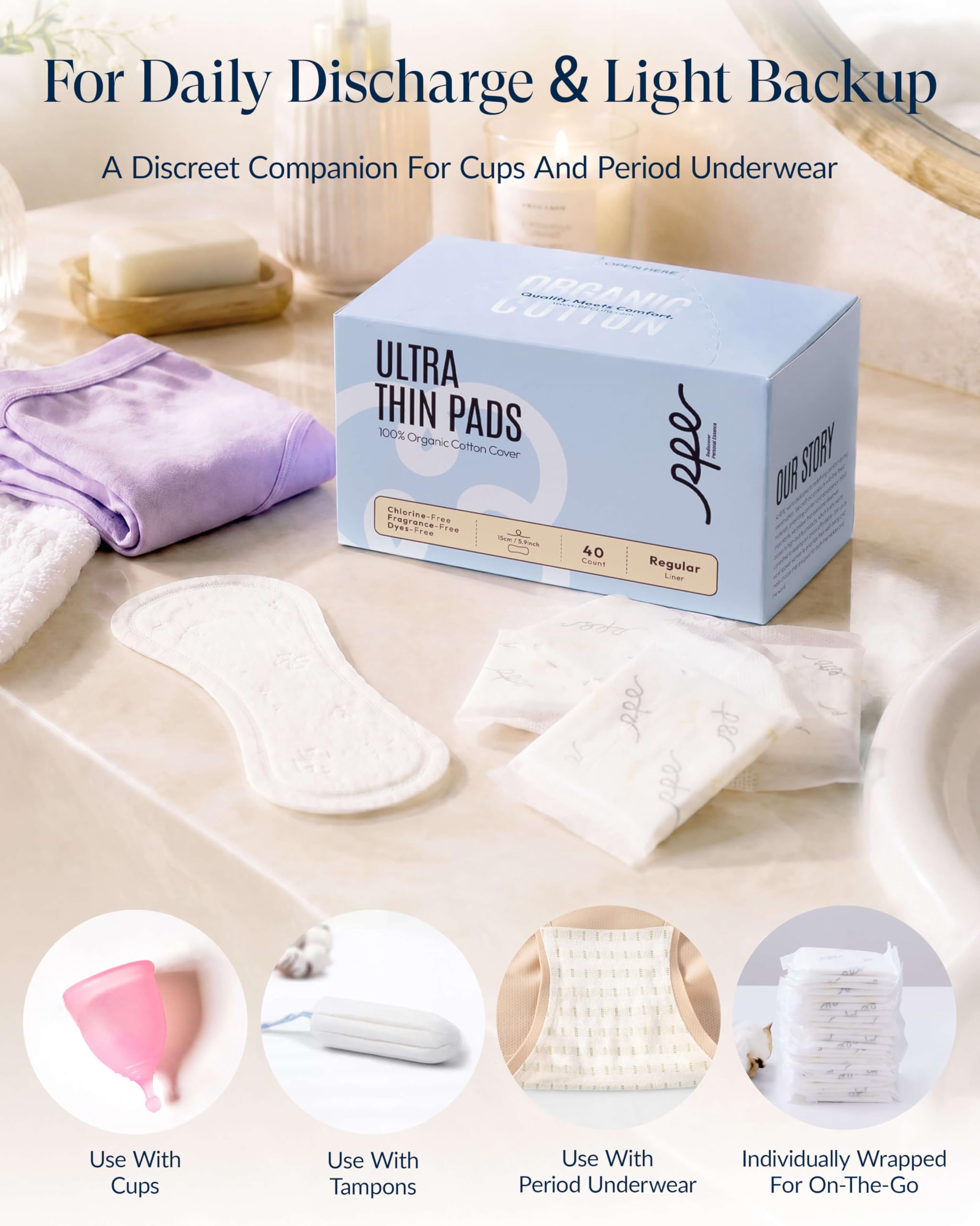 RPE Life Calzones 100% orgánicos para mujer, cubiertas de algodón ultrafino, forro regular de absorción ligera, sin perfume, envueltos individualmente (forro regular, talla 1, 120 unidades)