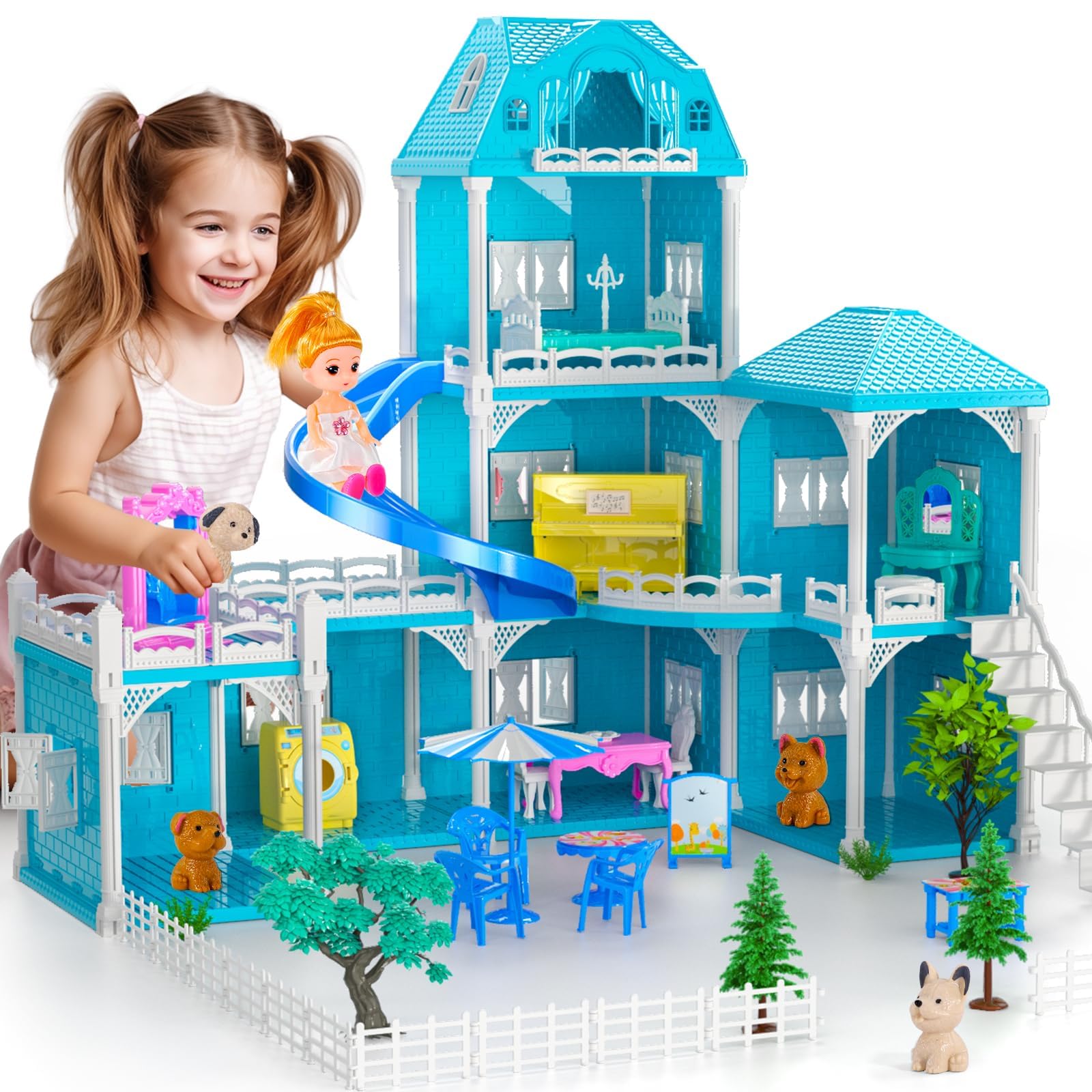 JINDUN Doll House Toddler Toys for 3 4 5 6 Years Old for Girls - 3-Story 12 Rooms Playhouse with 2 Dolls Toy Figures, Dream House Doll House 7-8 for Girls, for Girl Boy Toys Age 3+ (7 ROOMS)