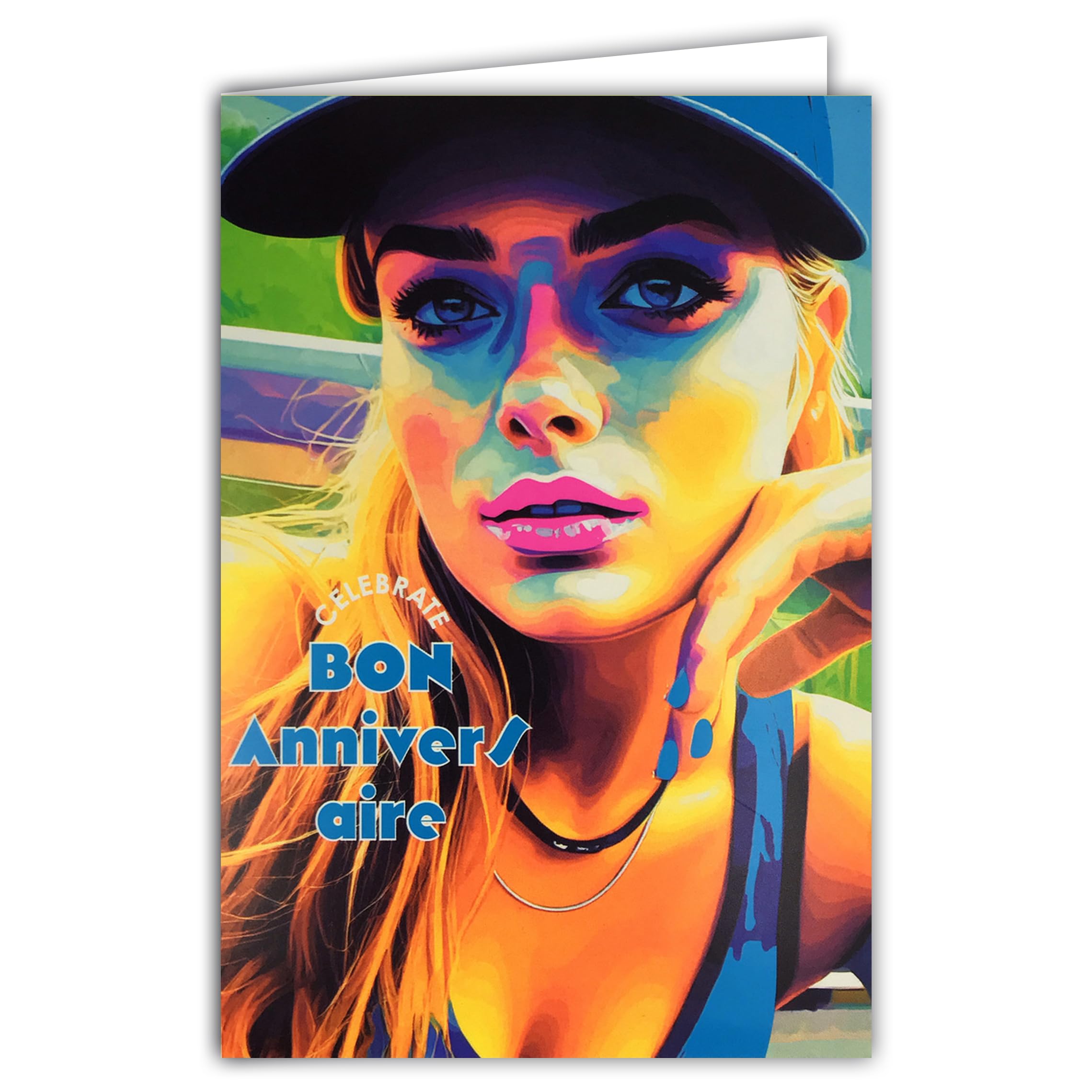 69-8102 Happy Birthday Let's Celebrate Neon Card with Envelope 12 x 17.5 cm – For Teenage Girls Women Lipstick Pink Cap – Real Neon Inks – Created and Made in France