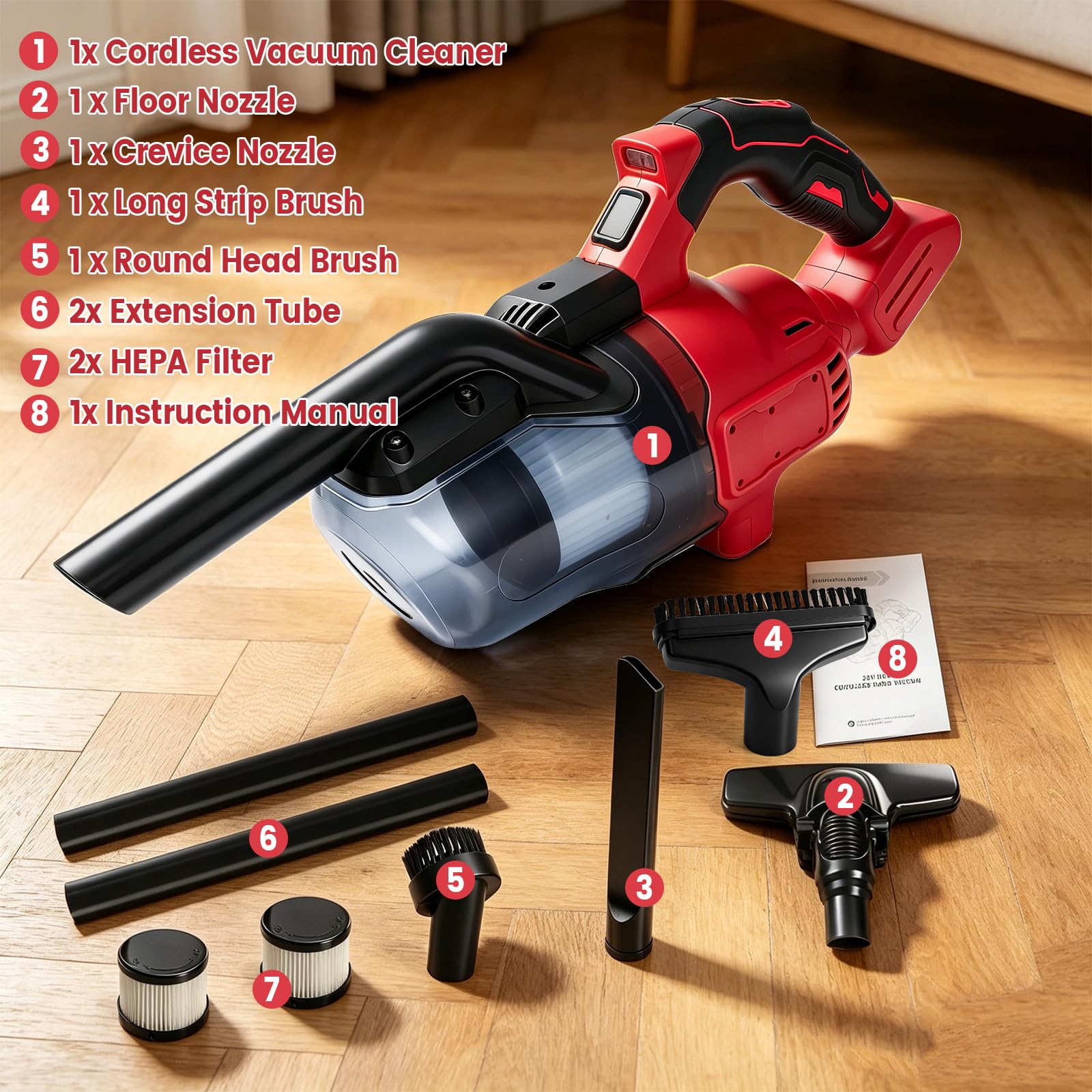 Aspirador de mano inalámbrico compatible con Milwaukee 18 V 16000 Pa con 4 boquillas y depósito de polvo de 0,75 litros para suelos duros, alfombras, pelo de mascotas y coches