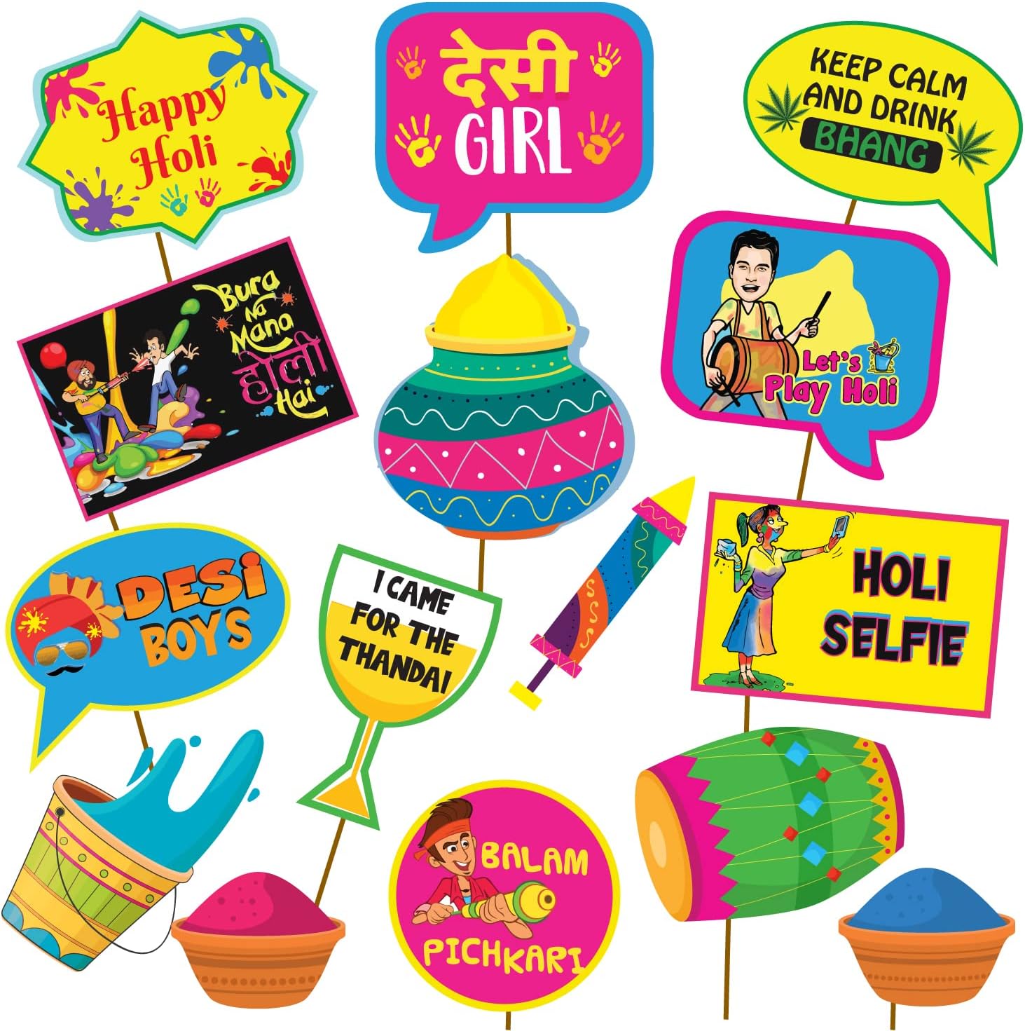 Holi The Festival of Colors Colorful Photo Booth Props Pack of 15pcs for Holi Party Celebration | Holi Home Party Celebration.