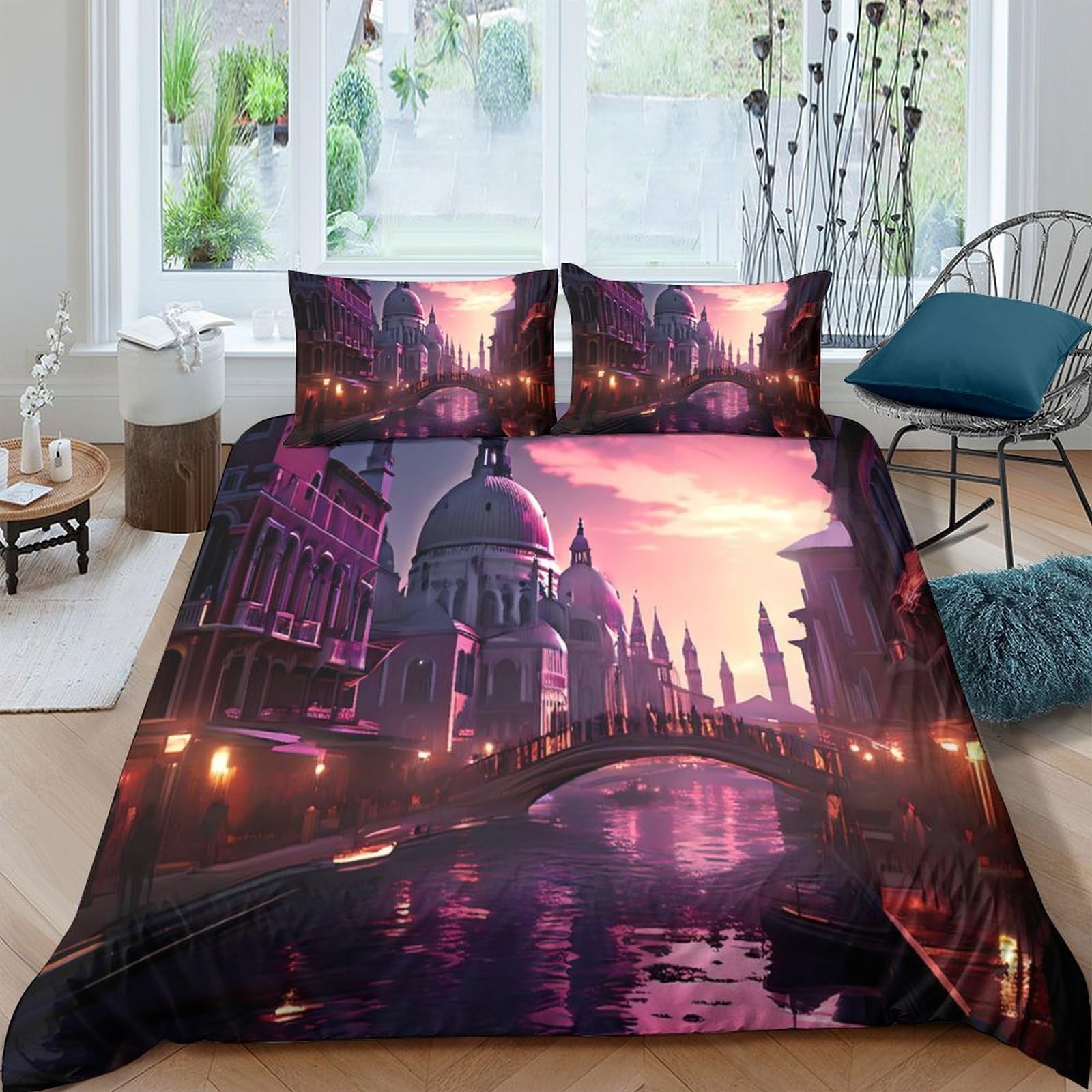 GPLZQXKJNH 3D Printed Venice Sunset Duvet Cover Microfiber Soft Breathable Cityscape Bedding Set with 2 Pillowcases for Bedroom Decor Single（135x200cm）