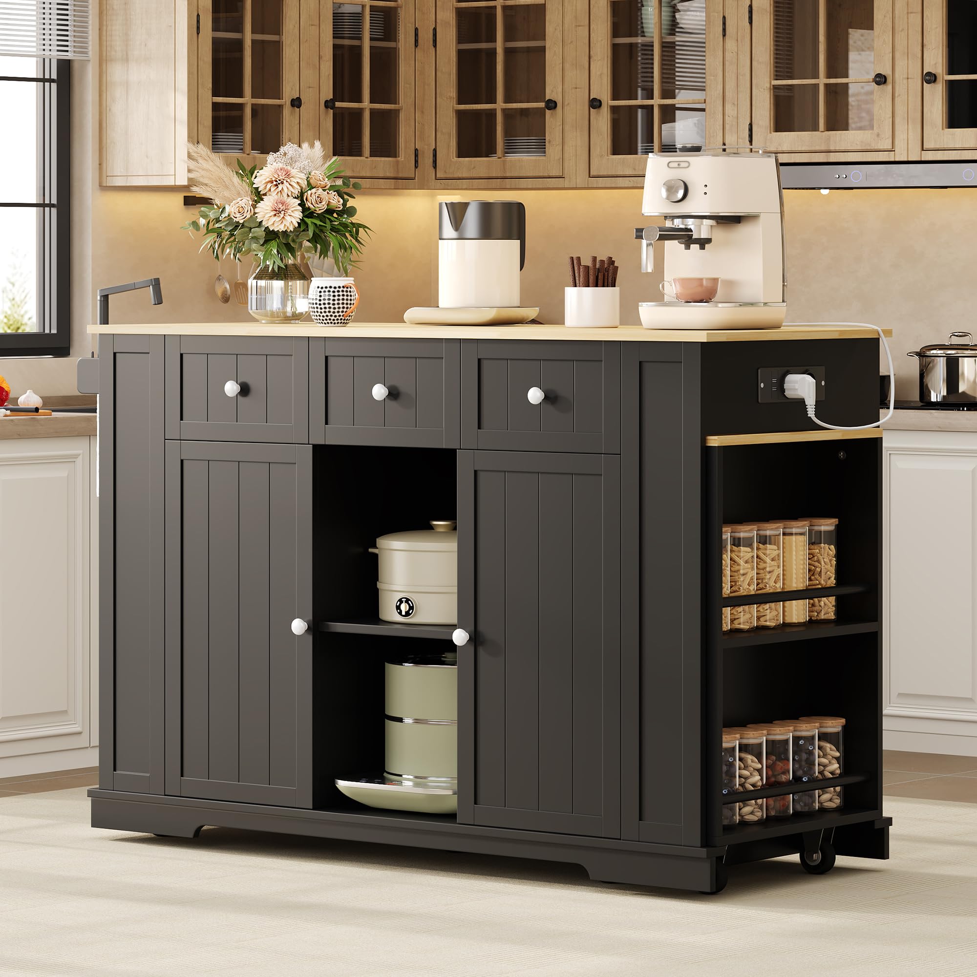 Isola cucina mobile con tavolo da pranzo allungabile, tavolo bar a scomparsa, 7 ruote, ripiani regolabili, 138 (213) x 55 x 93 cm, nero+naturale