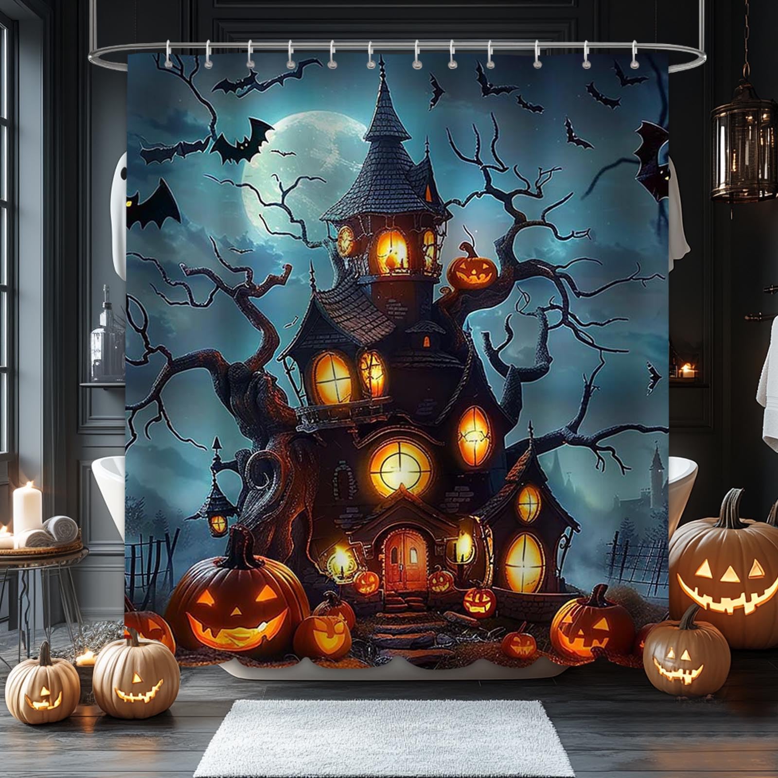 AIBIIN Halloween Shower Curtain Forest Castle Bat Pumpkins Bath Curtains Full Moon Night Horror Forest Pattern Shower Curtain for Bathroom Durable Polyester Material with 12 Hooks 180x180cm - Image 4