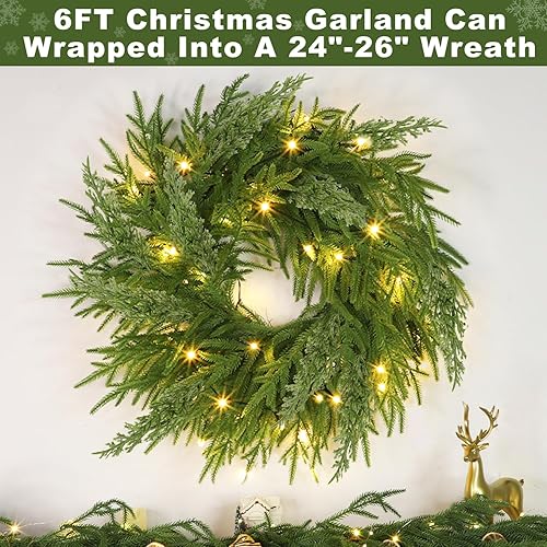 Miniatura 7 de Guirnalda de pino Norfolk de Navidad de 6 pies con 30 luces blancas cálidas, 8 modos y temporizador, 80 pinos Norfolk y 20 hojas de ciprés para