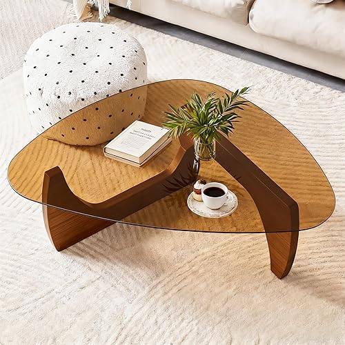 Miniatura 14 de Mesa de centro moderna de vidrio para sala de estar, mesa de centro pequeña con patas de madera, mesas de centro de mediados de siglo, mesa central