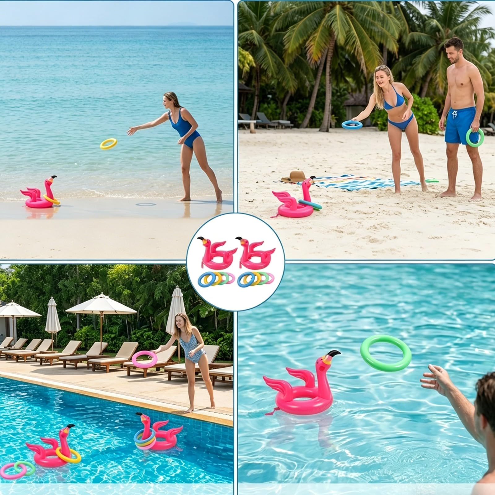 Flamingo Schwimmring Poolparty Set, Aufblasbare Ringwurfspiel für Wasseraktivitäten, 2 Sets mit 8 Ringen in Pink, 35 x 32 cm Größe