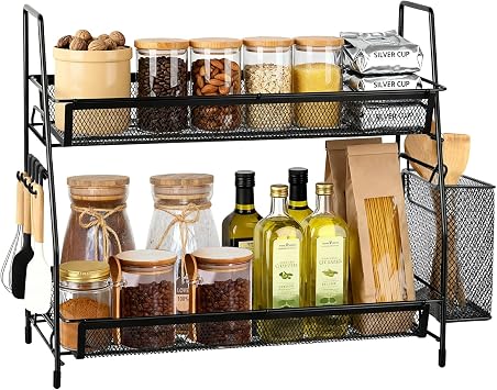 2 Tier Coffee Station Organizer for Countertop, Metal Kitchen Storage Rack Spice Organiser Coffee Bar Accessories Shelf with 4 Hooks and Basket