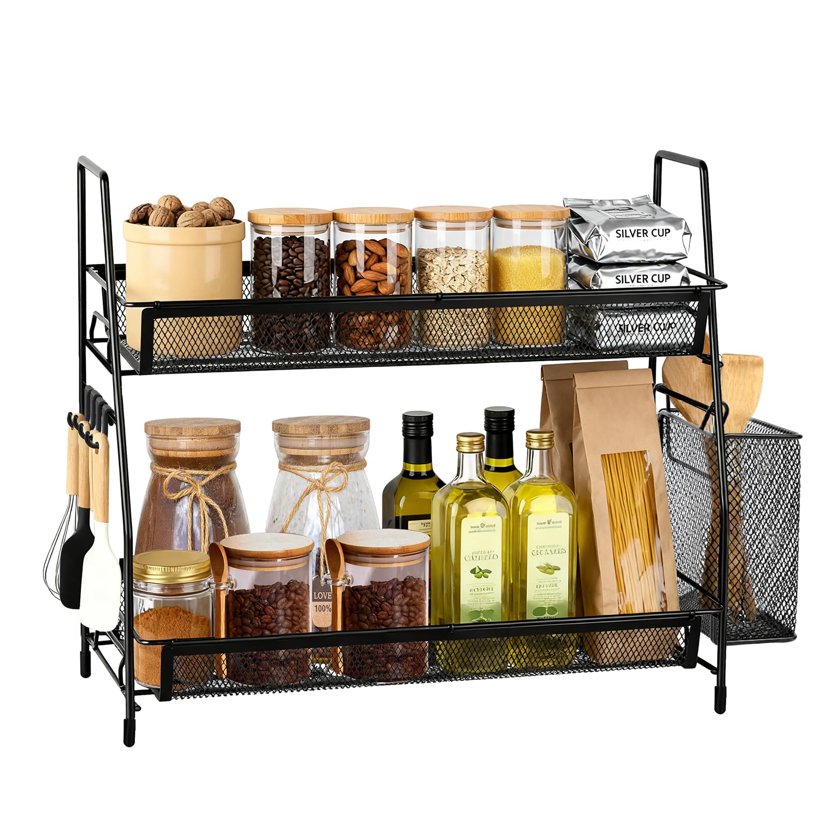 PopuLike 2 Tier Coffee Station Organizer for Countertop, Metal Kitchen Storage Rack Spice Organiser Coffee Bar Accessories Shelf with 4 Hooks and Basket