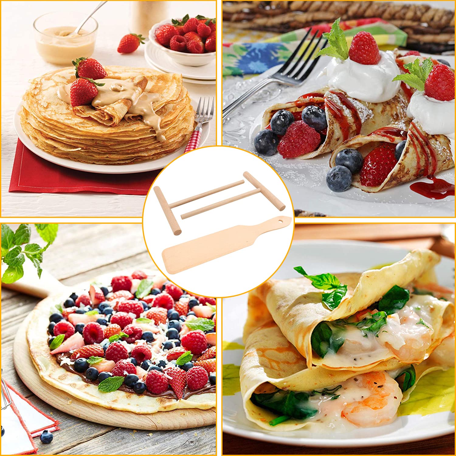 Tokaneit Pannenkoekenverdelers en Spatel Set 2 Stuks T Vormige Pannenkoeken,Pannenspatel Voor Deeg,Houten Spatel in T Vorm,Pannenkoekenspatel Van Hout,Gereedschap Voor Het Maken Van Crêpes