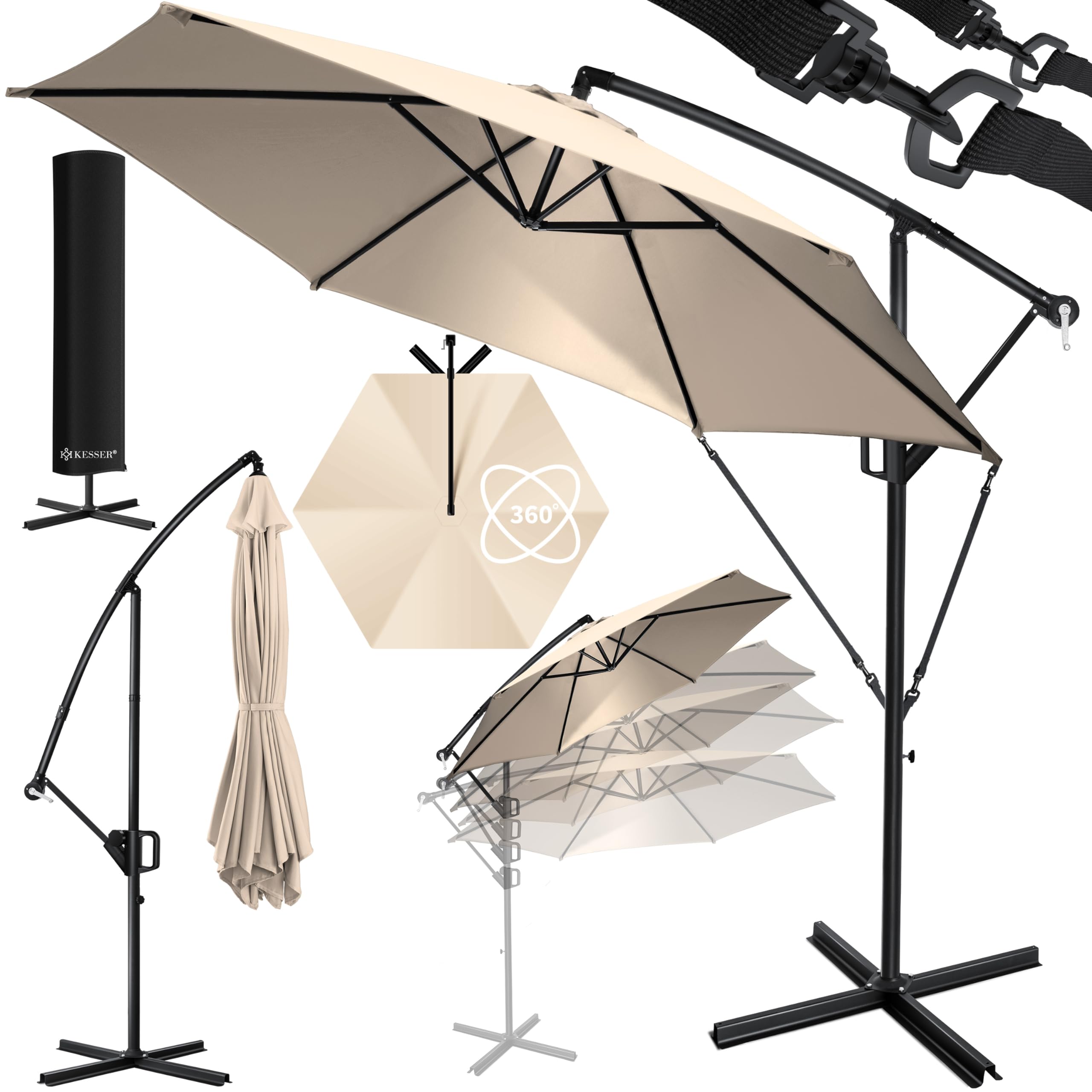 KESSER® Sombrilla + Funda Ø300 cm / Ø350 cm con mecanismo de manivela, Sombrilla de manivela con soporte, Protección UV Aluminio Funda repelente al agua - Sombrilla de jardín