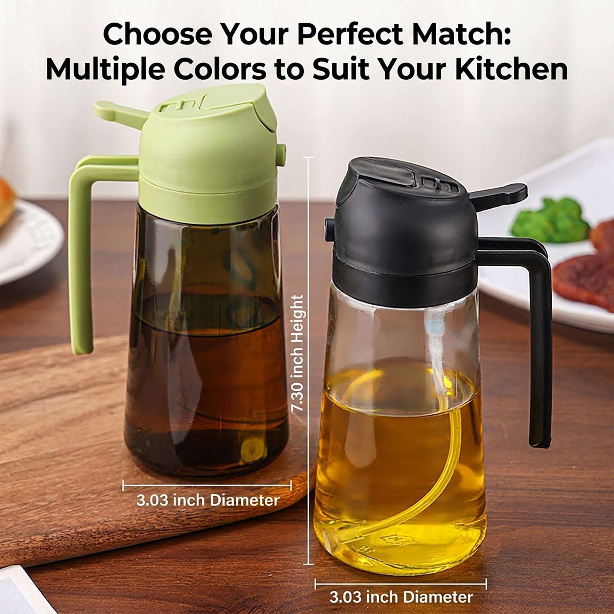 2-in-1-Ölsprüher und -spender zum Kochen, 2 x 473 ml, olivgrünes Glas, um frisches Öl zu konservieren, geeignet für Luftfritteuse, Braten, Grillen, Grillen und Salat (Olivgrün, Schwarz, Grün)