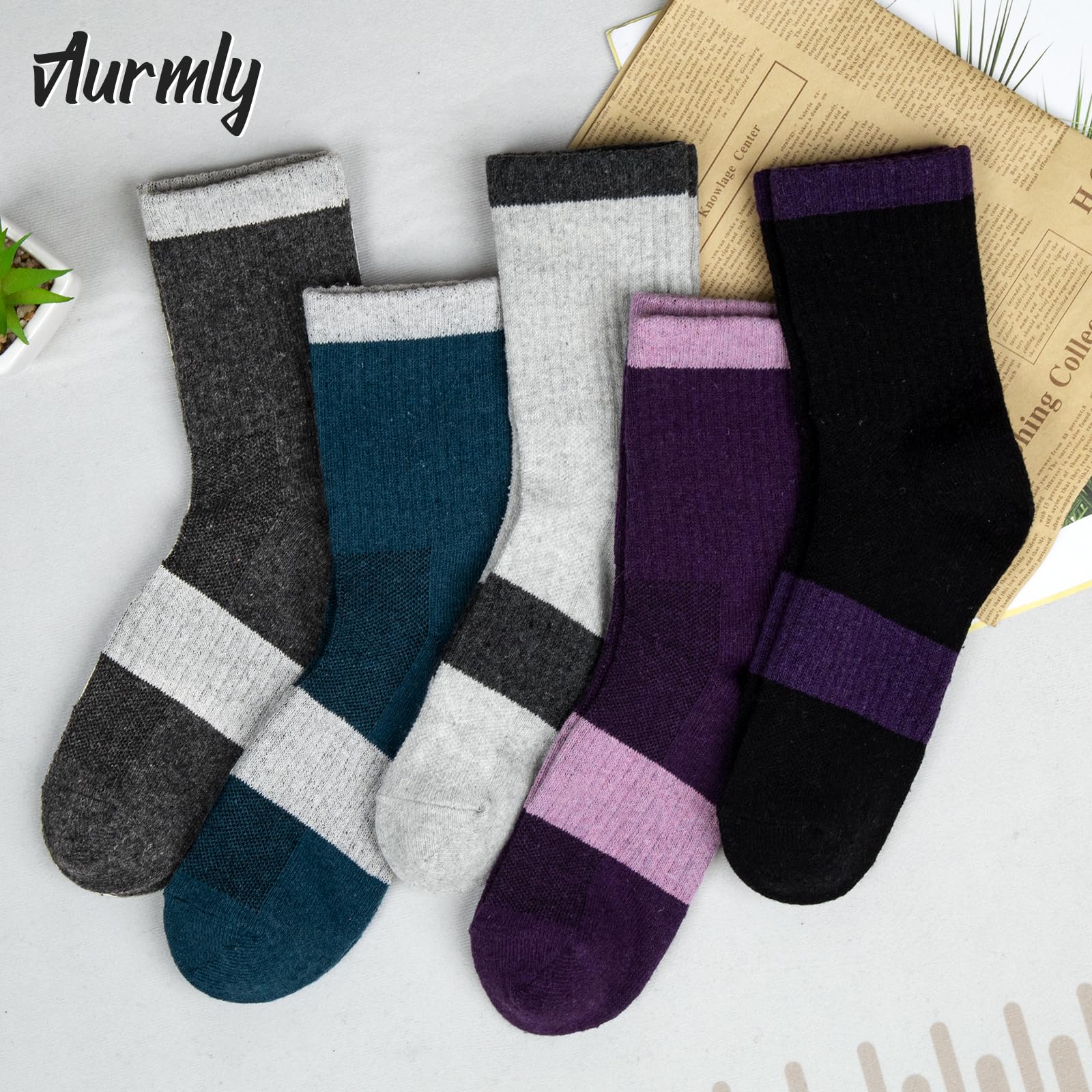 Aurmly Calze Donna in Lana, Merino Invernali Calzini Termiche Divertenti Inverno, Calze Caldi Comode Donna in Cotone per Trekking, 5 paia EU36-41