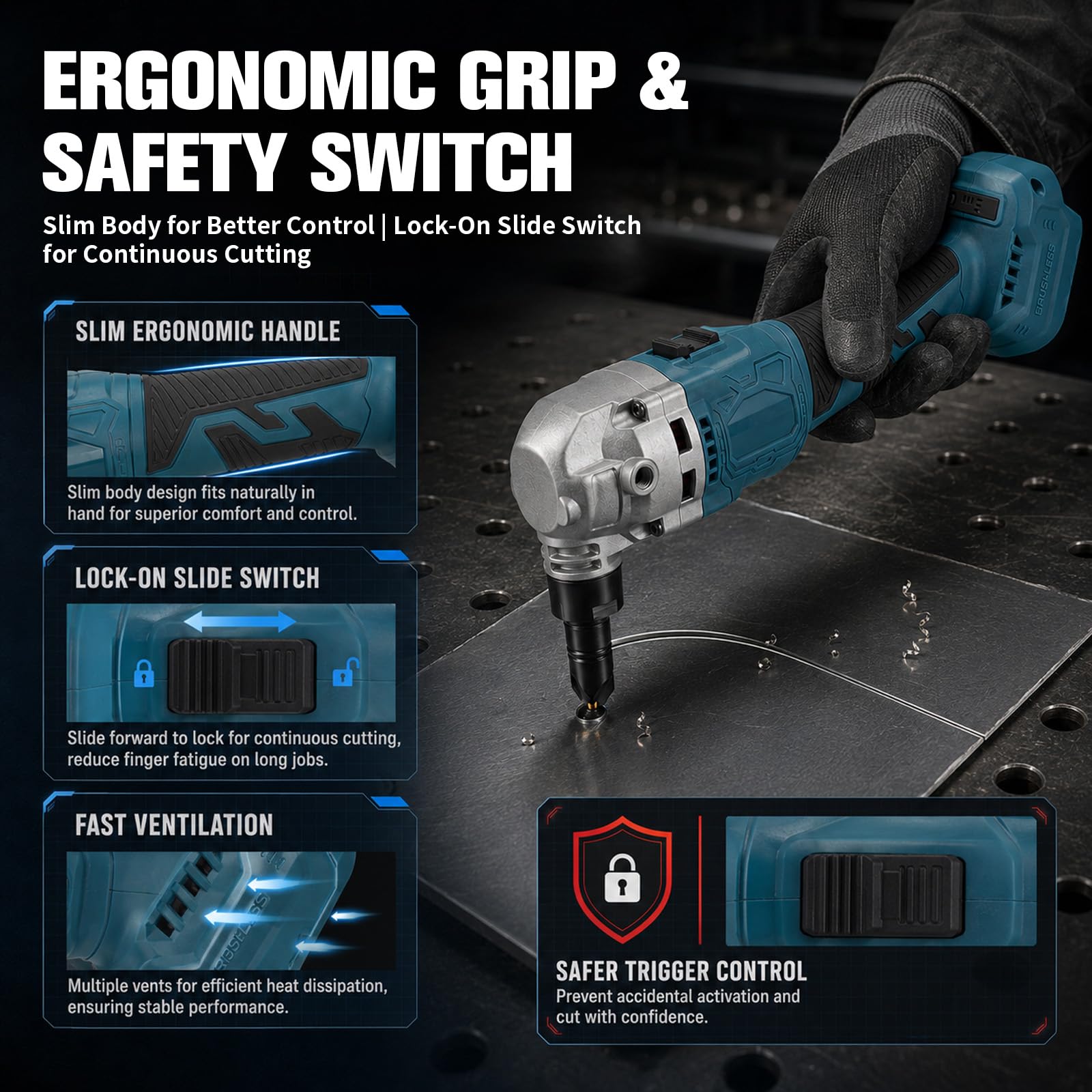 Blechknabber Kompatibel mit Makita 18V – Kabellose Blechnibbler mit 360° Drehbarem Knabberkopf und Drehzahl von 20000 U/min, Ausgestattet mit Bürstenlosem Motor für Edelstahl und Aluminium(ohne Akku)