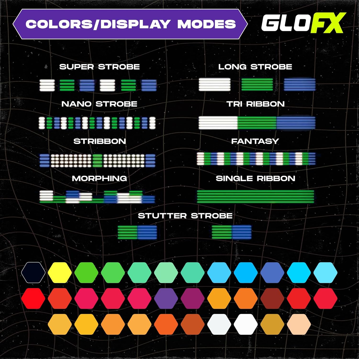 Graphic displaying the 9 different light-up modes and a palette of 34 available colors for GloFX LED Light-Up Gloves.