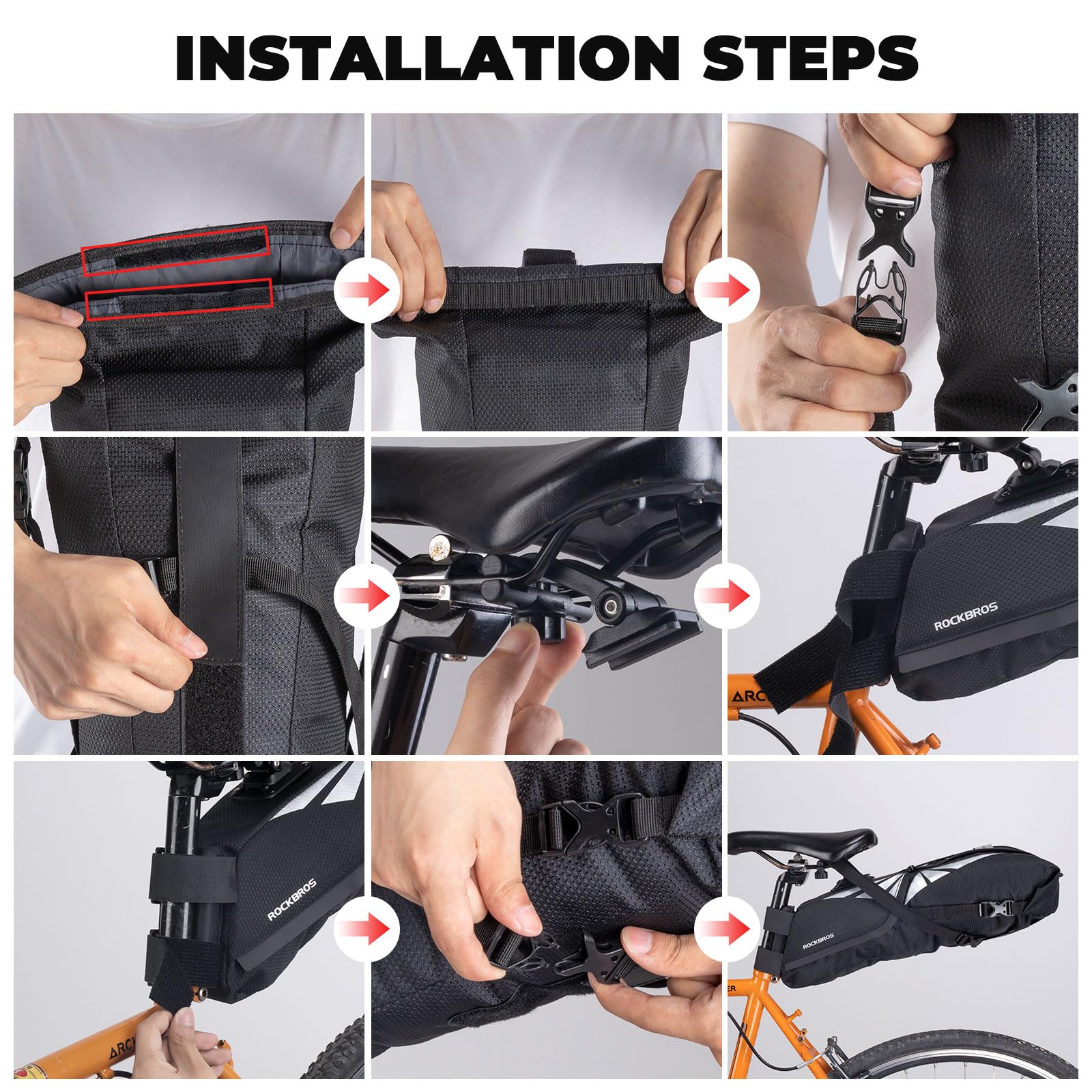 ROCKBROS Torba na siodełko rowerowe 8L, wodoodporna torba na siodełko rowerowe, odblaskowe tylne torby rowerowe do jazdy na rowerze Bikepacking MTB Mountain Bike