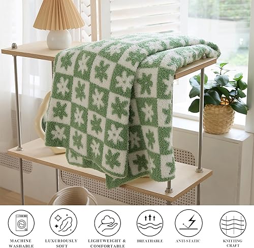 Miniatura 3 de YIRUIO Manta reversible de microfibra a cuadros con estampado de margaritas y margaritas, de microfibra, súper suave, cálida, acogedora, mullida