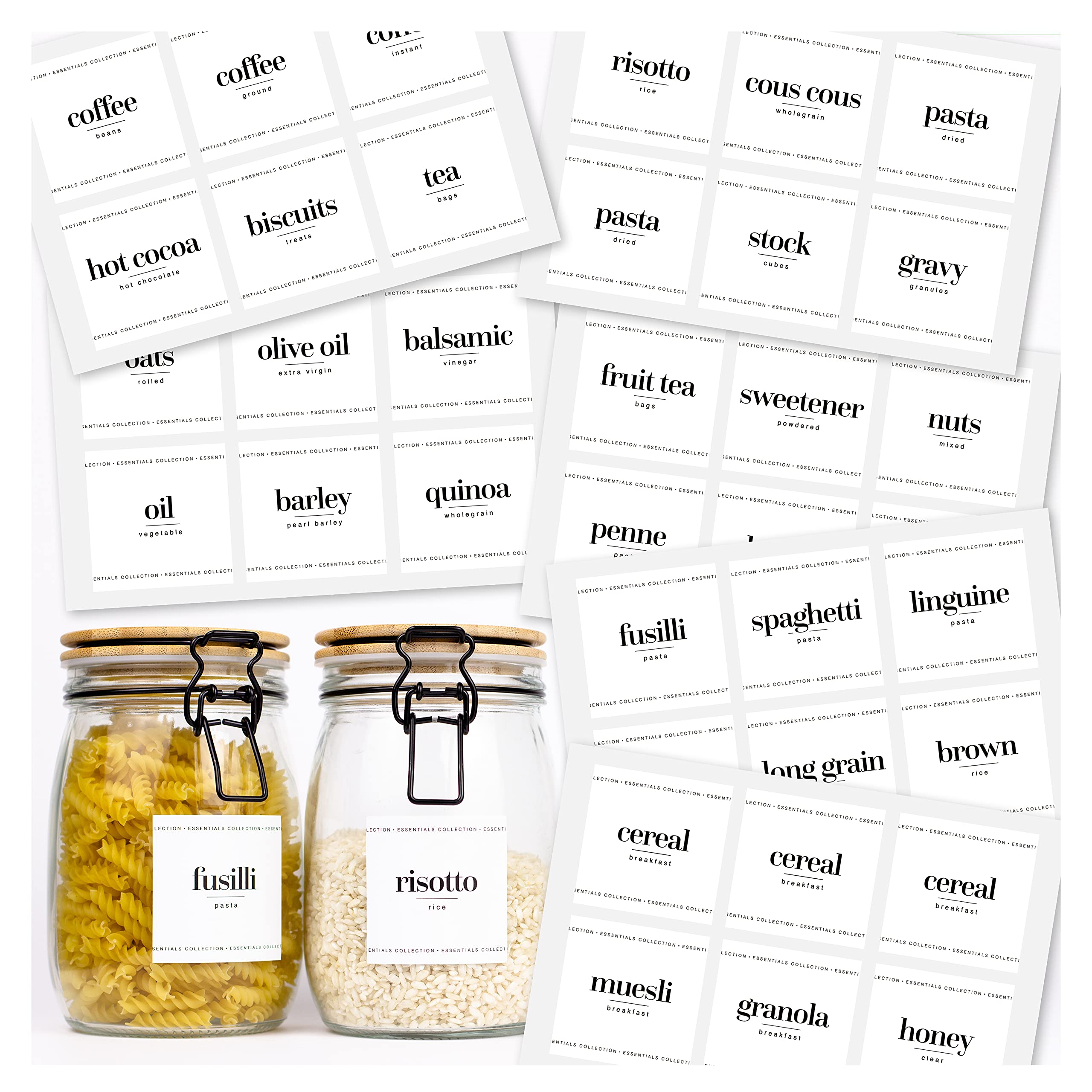 – 36 x Essential Collection Labels for Jars - Contemporary Printed White Sticky Labels for Kitchen and Pantry Storage