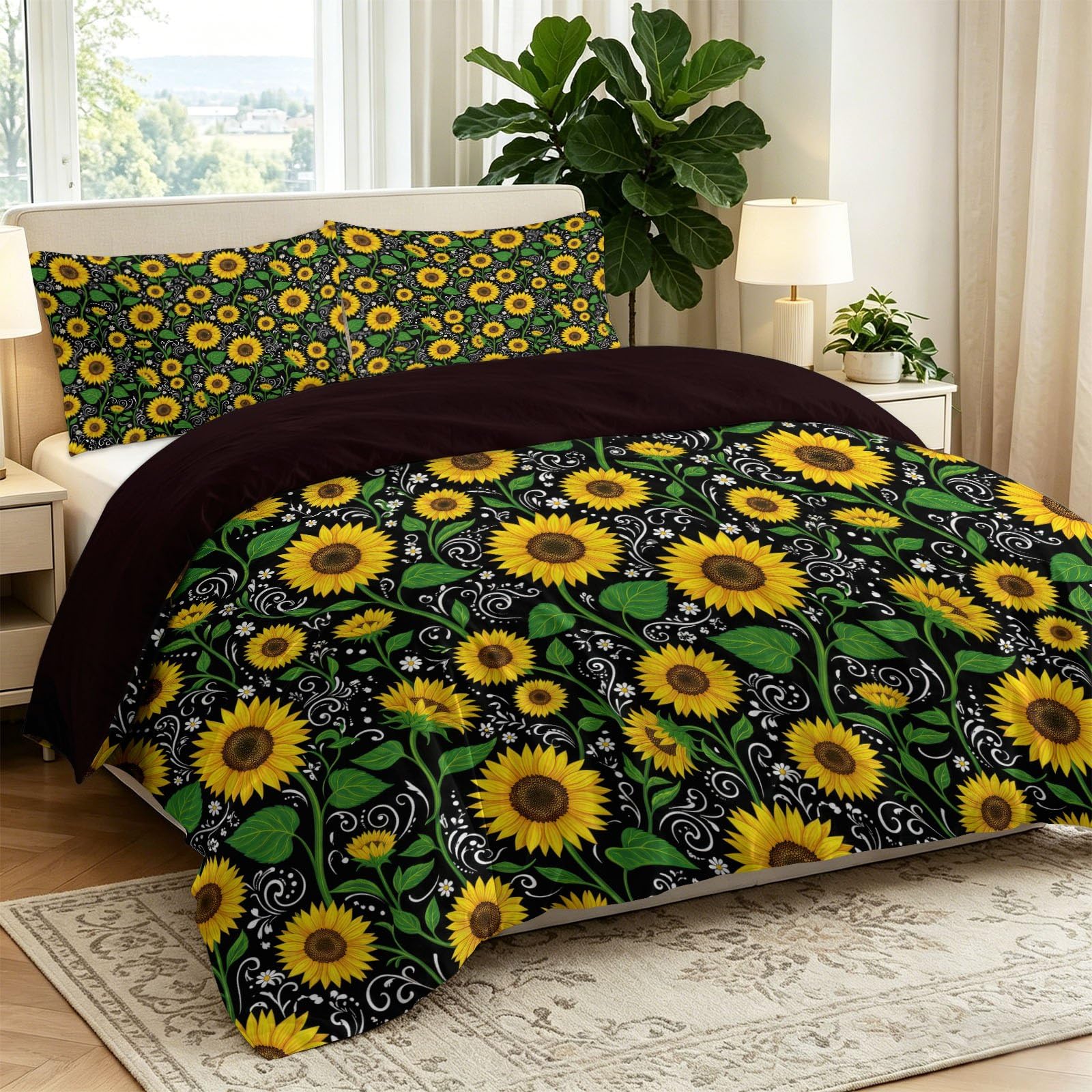 Set copripiumino reversibile, motivo piante girasole foglie onde, morbido e facile da pulire, in microfibra, con stampa rustica, matrimoniale, confortevole, per ragazze, bambini e adulti, nero